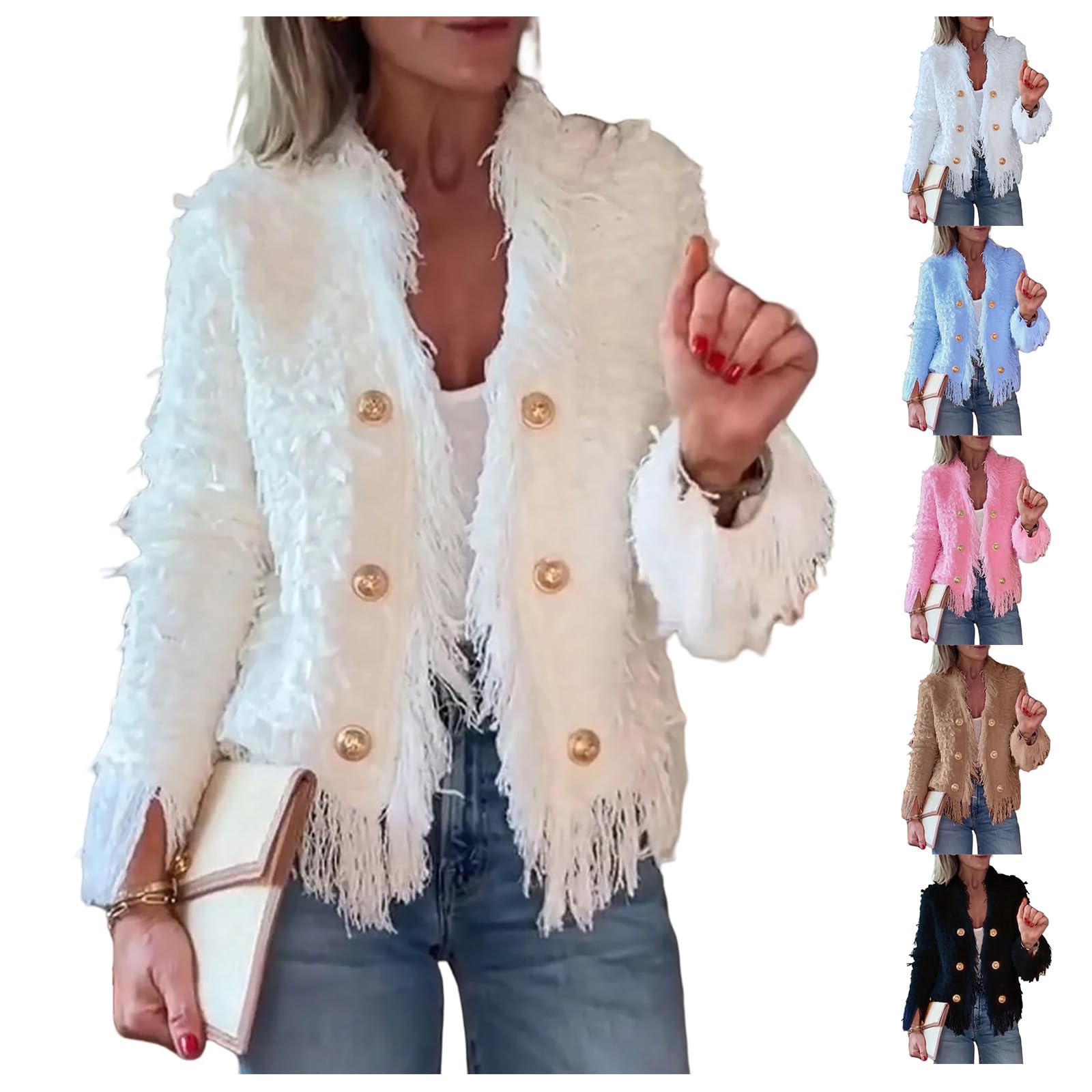 Womens Open Front Cardigan Long Sleeve Button Down Jacket Dressy Tassel Fuzzy Jacket Faux Fur Coat Fall Winter