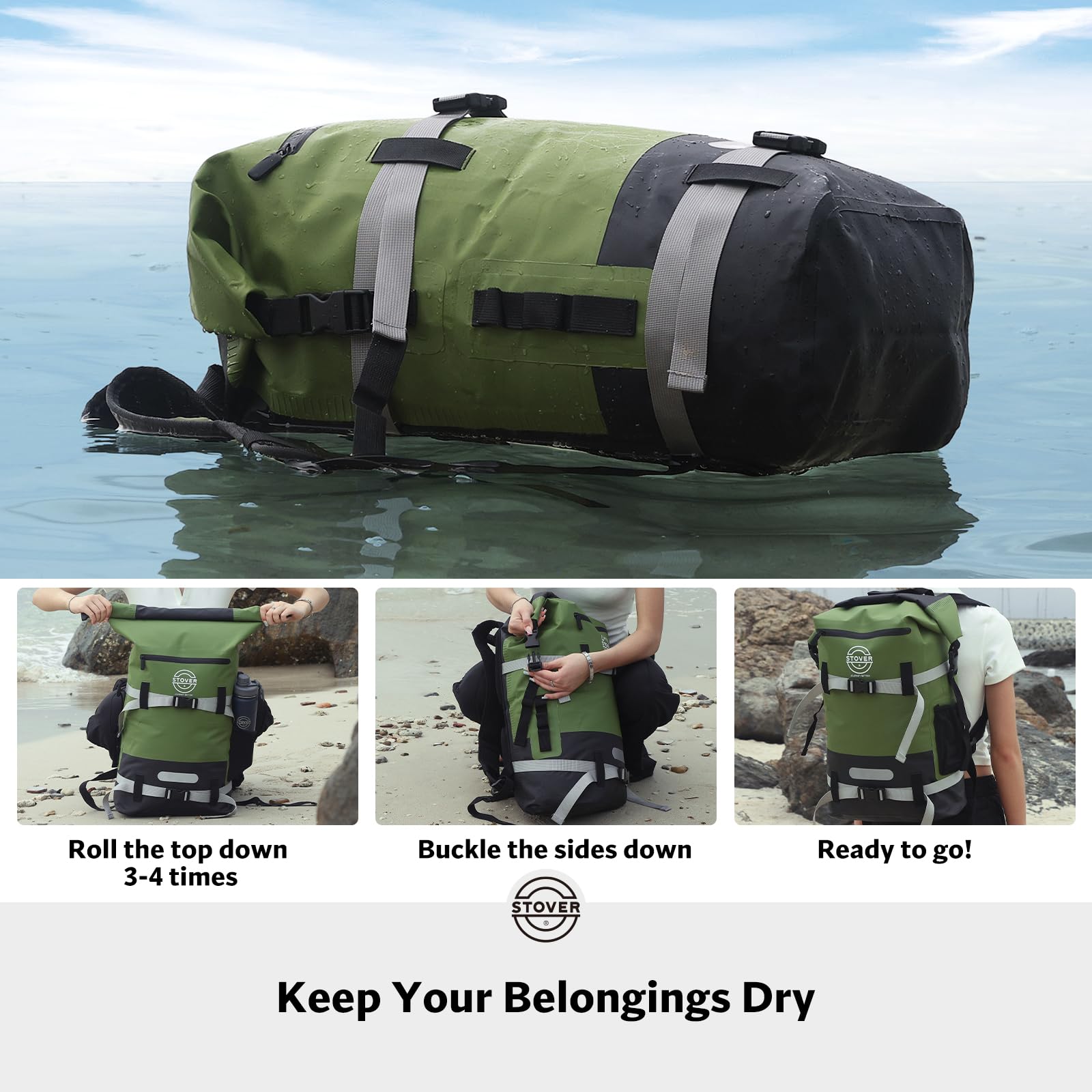 STOVER Bolsa seca impermeable de 25/30/40/55 L, mochila seca resistente con parte superior enrollable para kayak, canotaje, camping, hombres y mujeres, Verde, 40L US, Bolsa seca