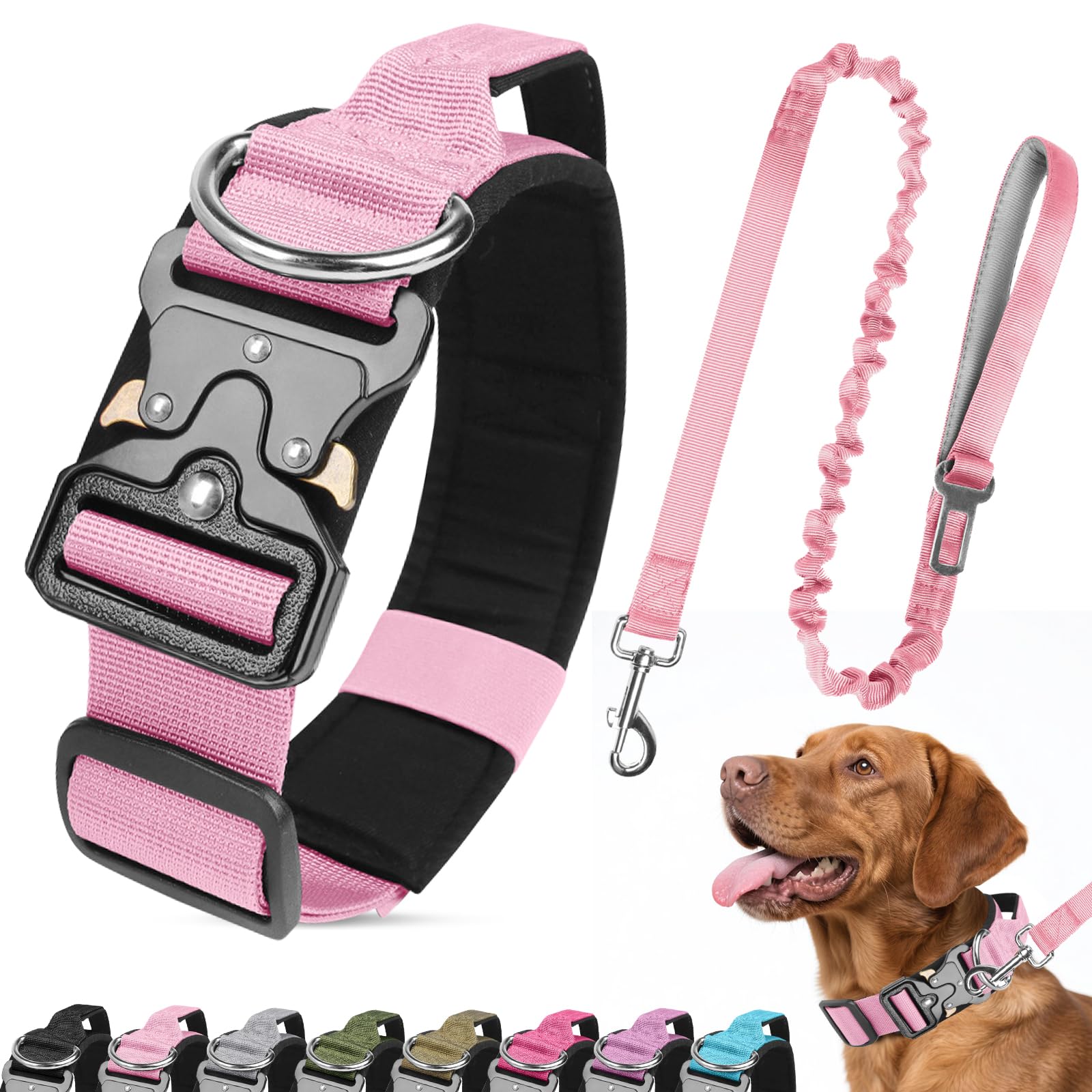 Ledeak Tactical Dog Collar and Leash Set, Heavy Duty Padded Dog Collar with Metal Buckle, Military Adjustable Nylon Pet Collars with Handle for Medium Large Dogs Training (Pink, XL)