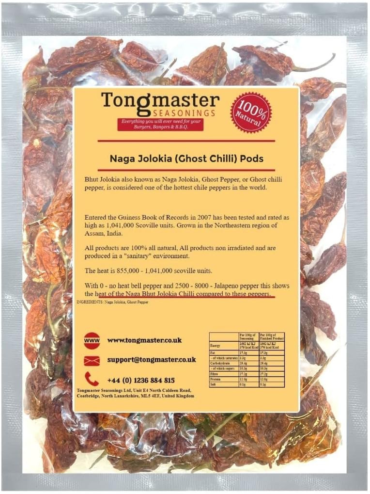 Whole Dried Naga Bhut Jolokia (Ghost Pepper) Chilli Pods - 100g