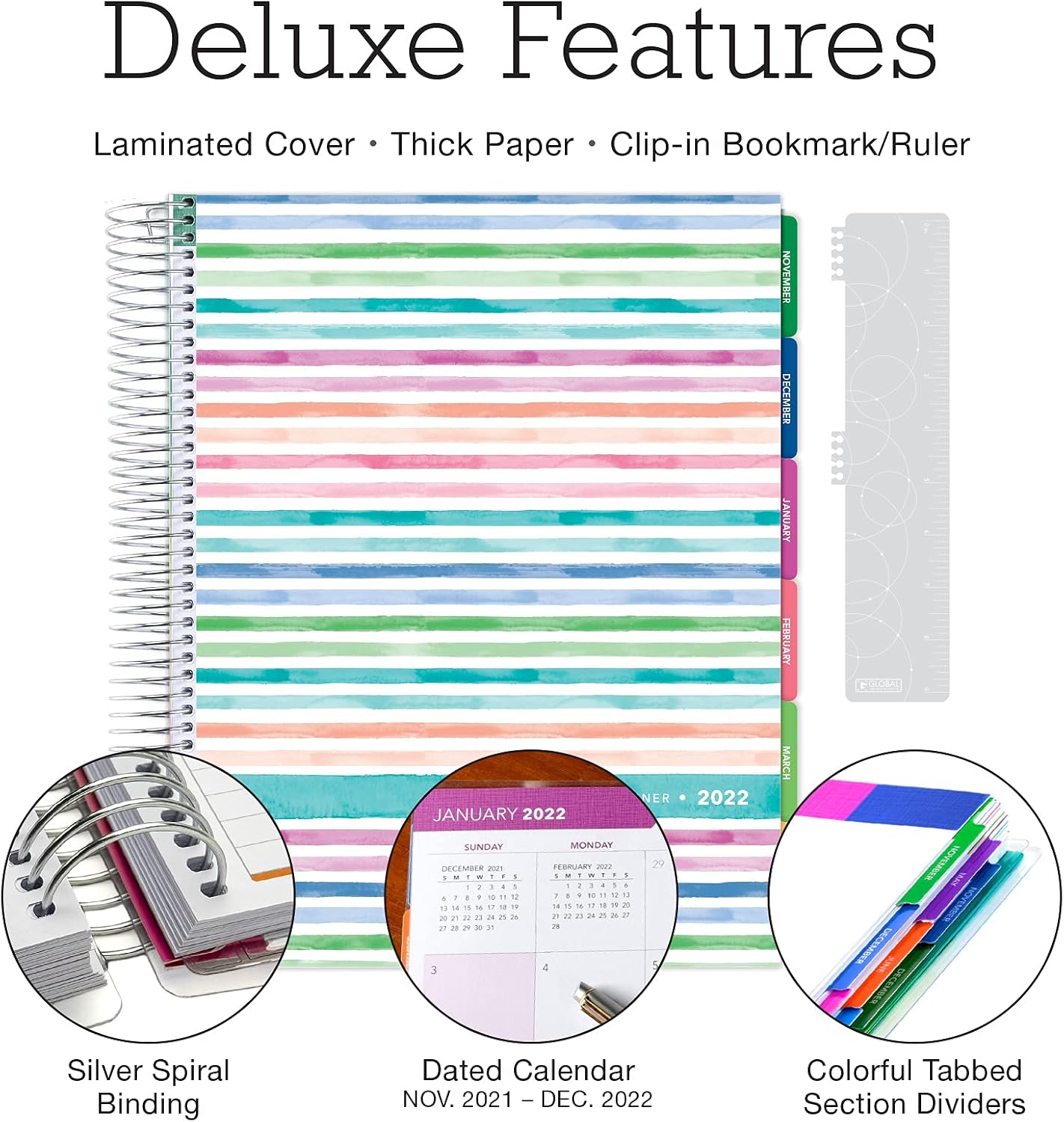 Deluxe Planner: 14 Months (Nov 2021 Through Dec 2022) 8.5"x11" Includes Page Tabs, Bookmark, Planning Stickers, Pocket Folder Daily Weekly Monthly Planner Yearly Agenda (Watercolor Stripes)