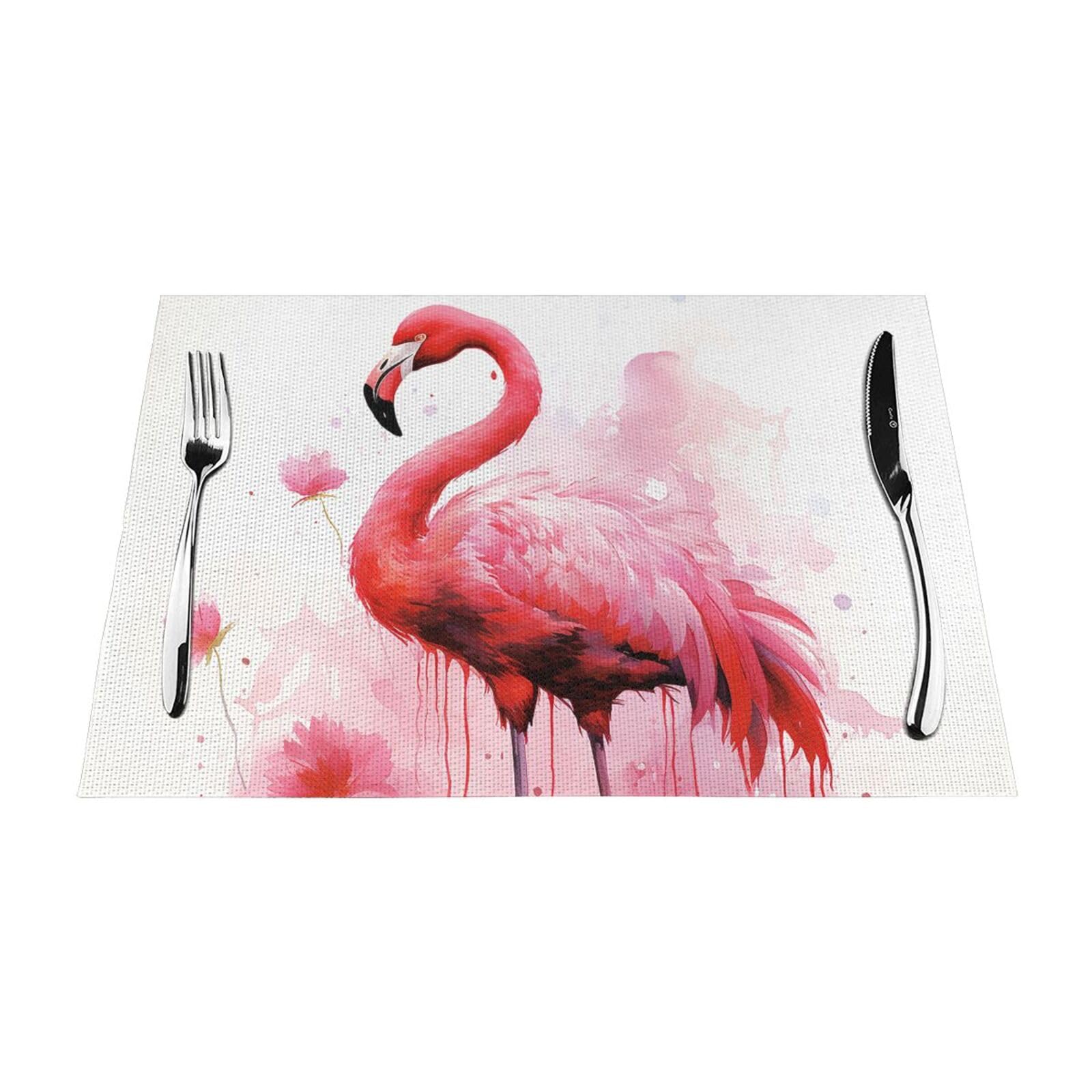 Flamingo Watercolor Placemats Set of 1 - Woven Vinyl Kitchen Table Placemats - Heat Resistant Non-Slip Place Mats for Dining Table, Washable Indoor Outdoor Table Mats 12x18 Inch