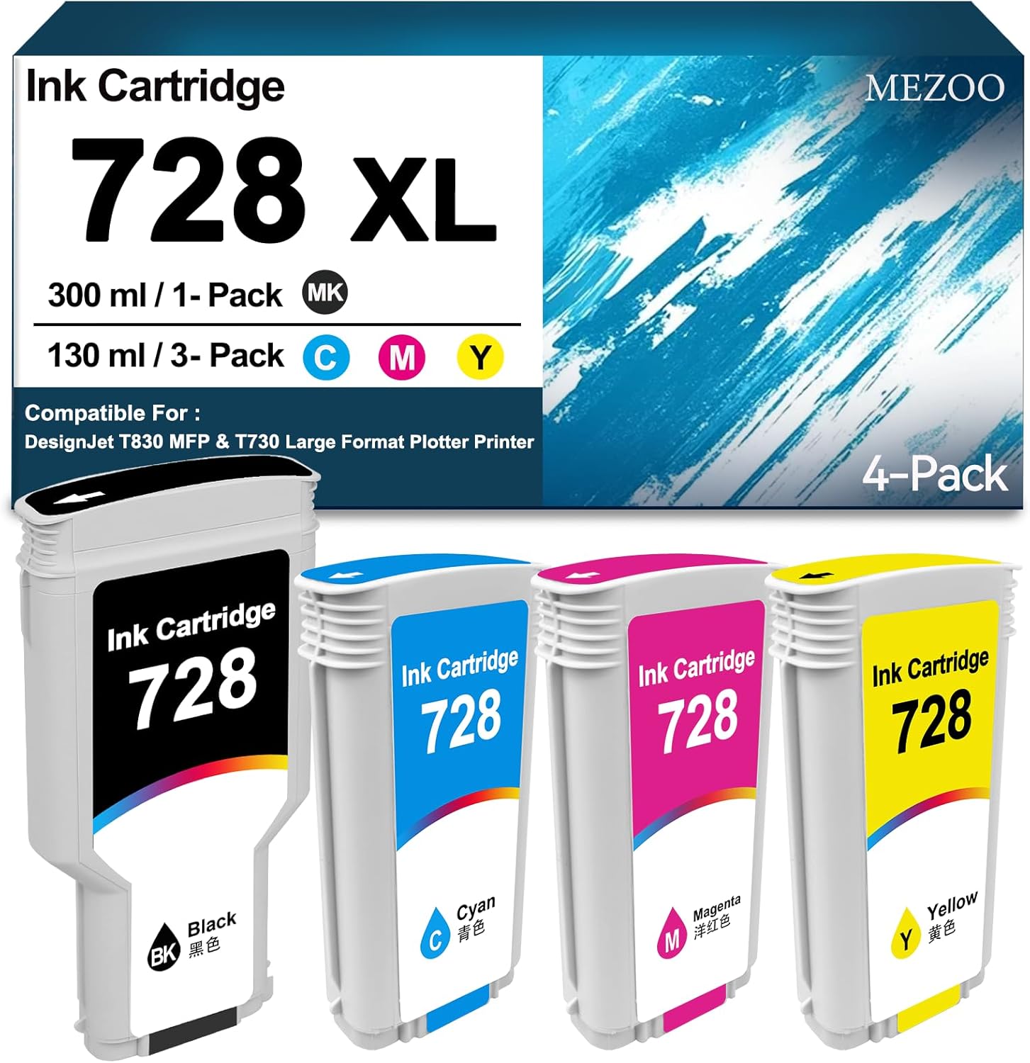 MEZOO 728 Ink Cartridges High Yield F9J68A F9J67A F9J66A F9J65A Compatible for HP DesignJet T830 MFP & T730 Large Format Plotter Printer(4-Pack,300ml Matte Black/130ml Cyan Magenta Yellow)