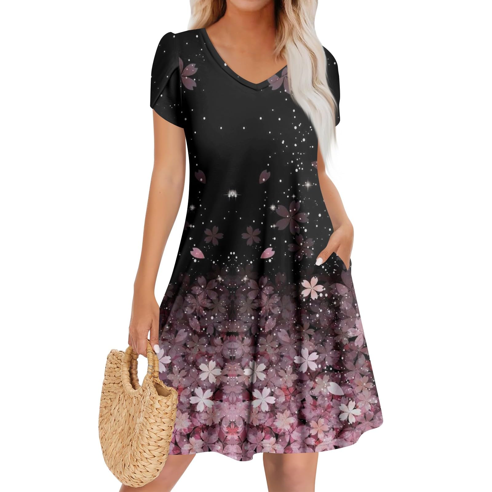 FSWGJFJJ Women's Bohemian Floral Print Summer Beach Dress with Pockets Short Sleeve V-Neck Casual Loose Fit Sundress
