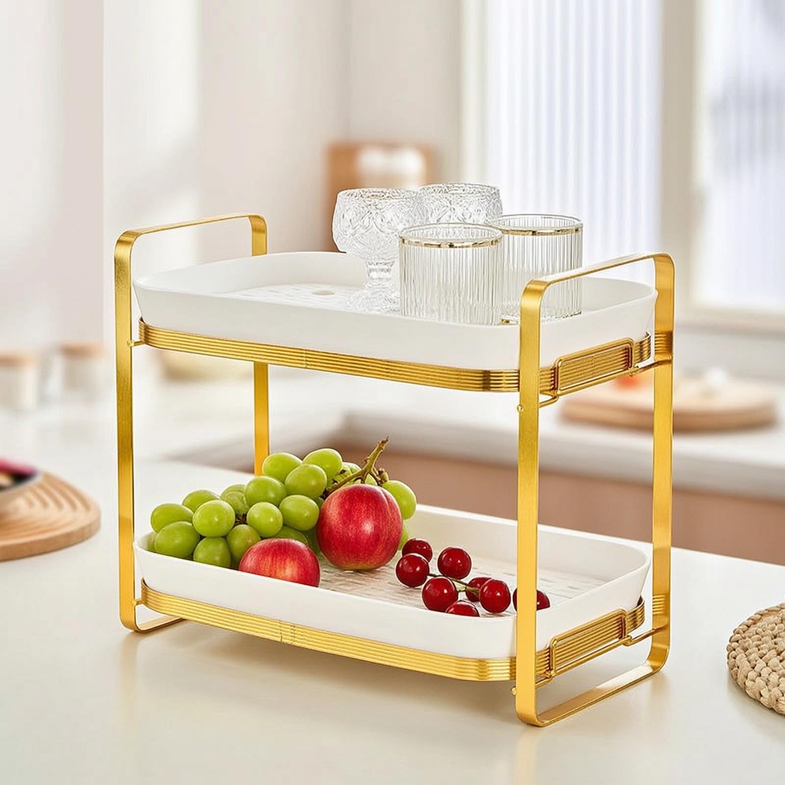 Scolabicchieri da Appoggio Staccabile Portabicchieri a Due Livelli Moderno Scolabicchiere per Cucina, Oro Brillante E Verde Scuro