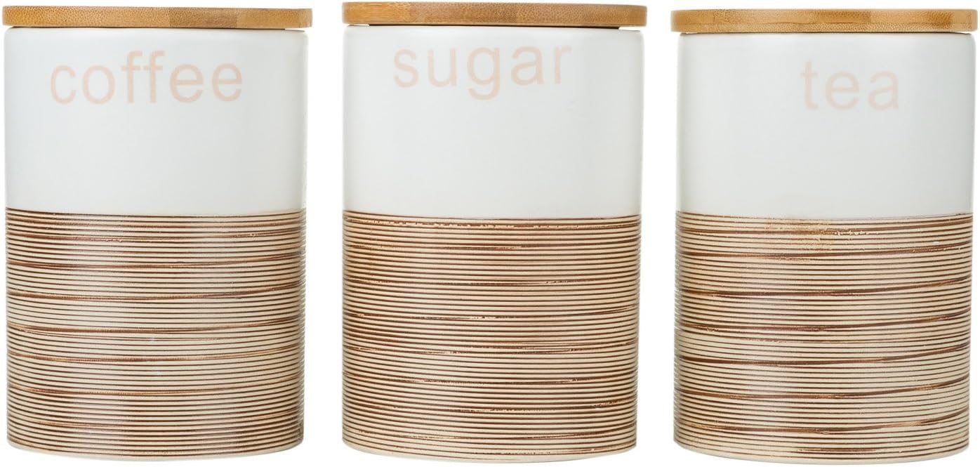 London Boutique Porcelain Tea Coffee Sugar Canister Set 3 Storage Jar Half Lined with Wooden Lids (Beige Lined)