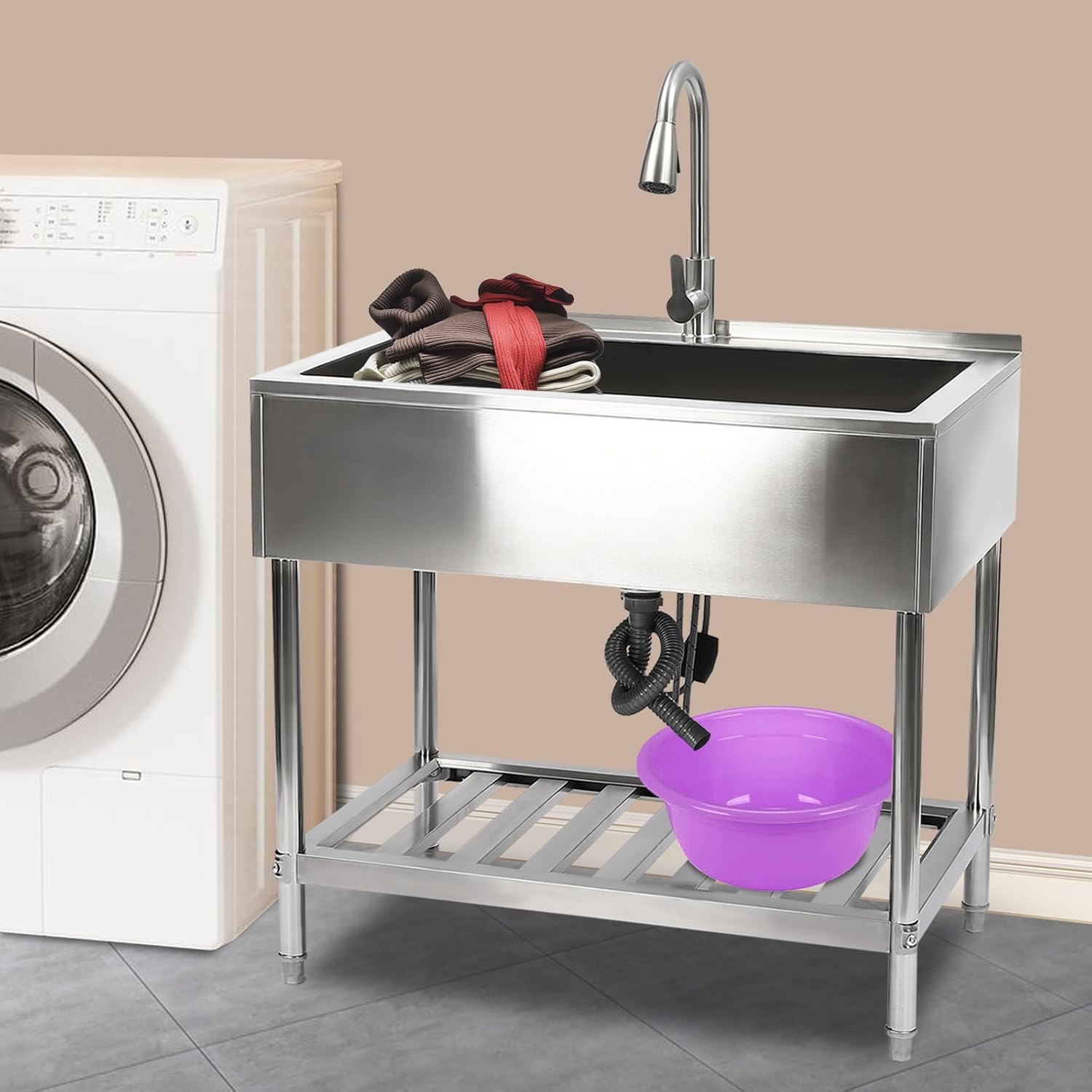 Stainless Steel Sink, 35.8 * 23.2 * 34.3in Kitchen Single Bowl Sink Freestanding Kitchen Utility Sinks Large Capacity Deep Basin Kitchens Flume with Elevated Bottom for Washing Utensils Ingredients