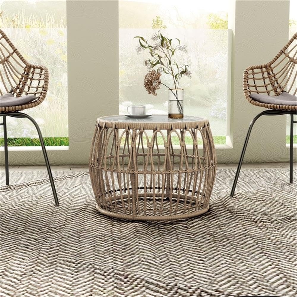 MAKLAINE Round Outdoor Coffee Table, Natural Finish, PE Wicker Rattan with Tempered Glass Top, 21.65" Diameter x 15.75" Height, Boho Coastal Style, Durable Patio or Indoor Furniture