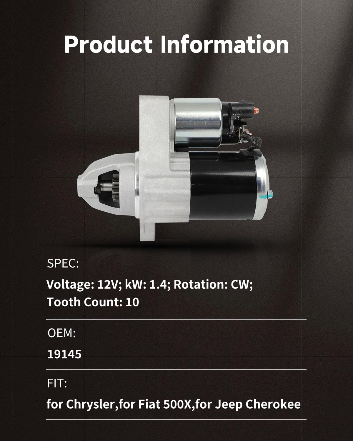 OCPTY starter motor 19145 Compatible for Chrysler 200 15-17 & Jeep Cherokee 14-19, Renegade 15-20 & Fiat 500X 16-18 & Ram ProMaster City 15-20, L4 2.4L, 12V 1.4KW 10 Teeth Clockwise