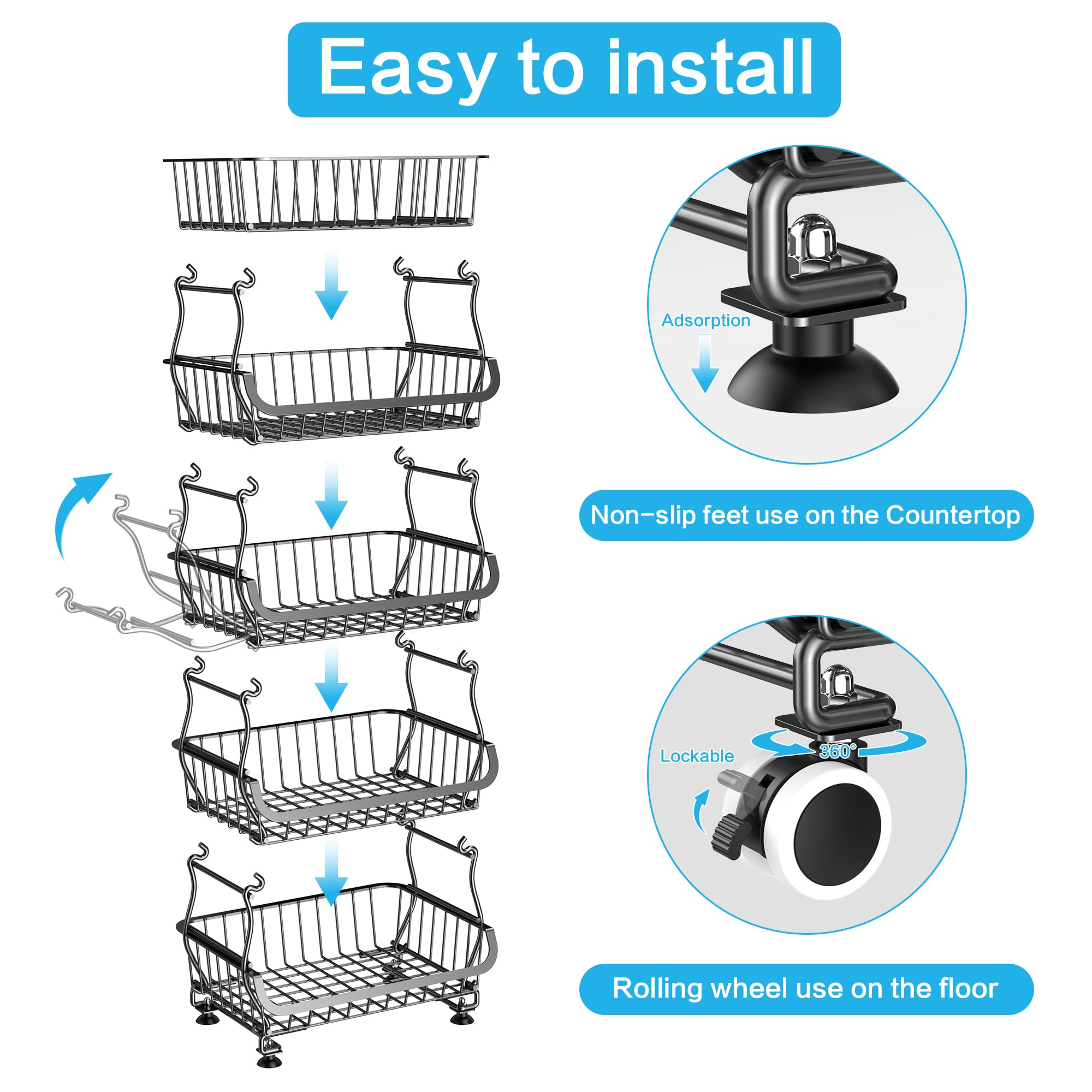 Estante de alambre de metal para cesta de frutas y verduras para cocina, oficina, tienda, supermercado, despensa, estante para aperitivos, estantes de almacenamiento de metal de 5 niveles