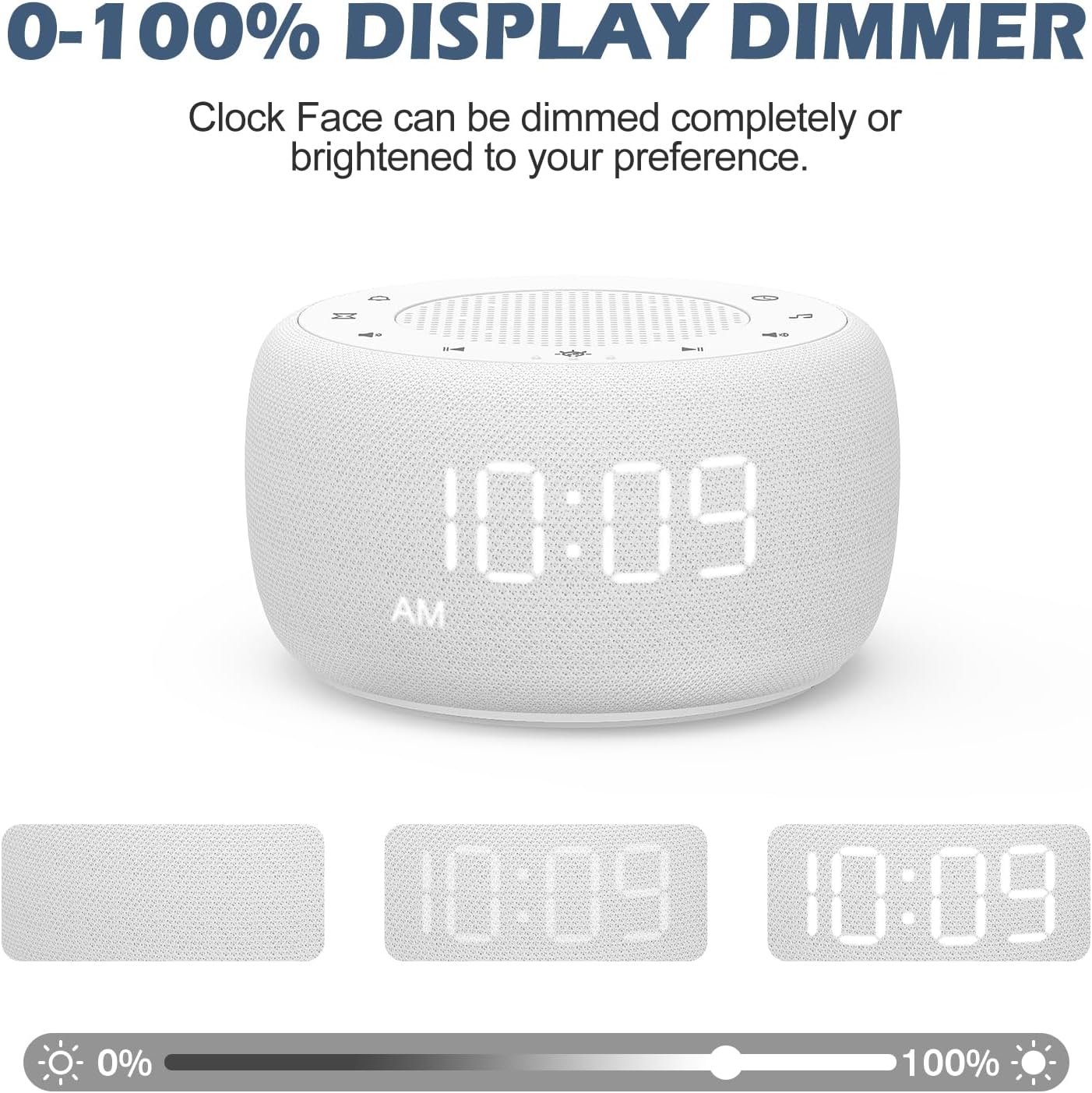 Buffbee Sound Machine & Alarm Clock showing different brightness levels of the clock face, from 0% to 100%.