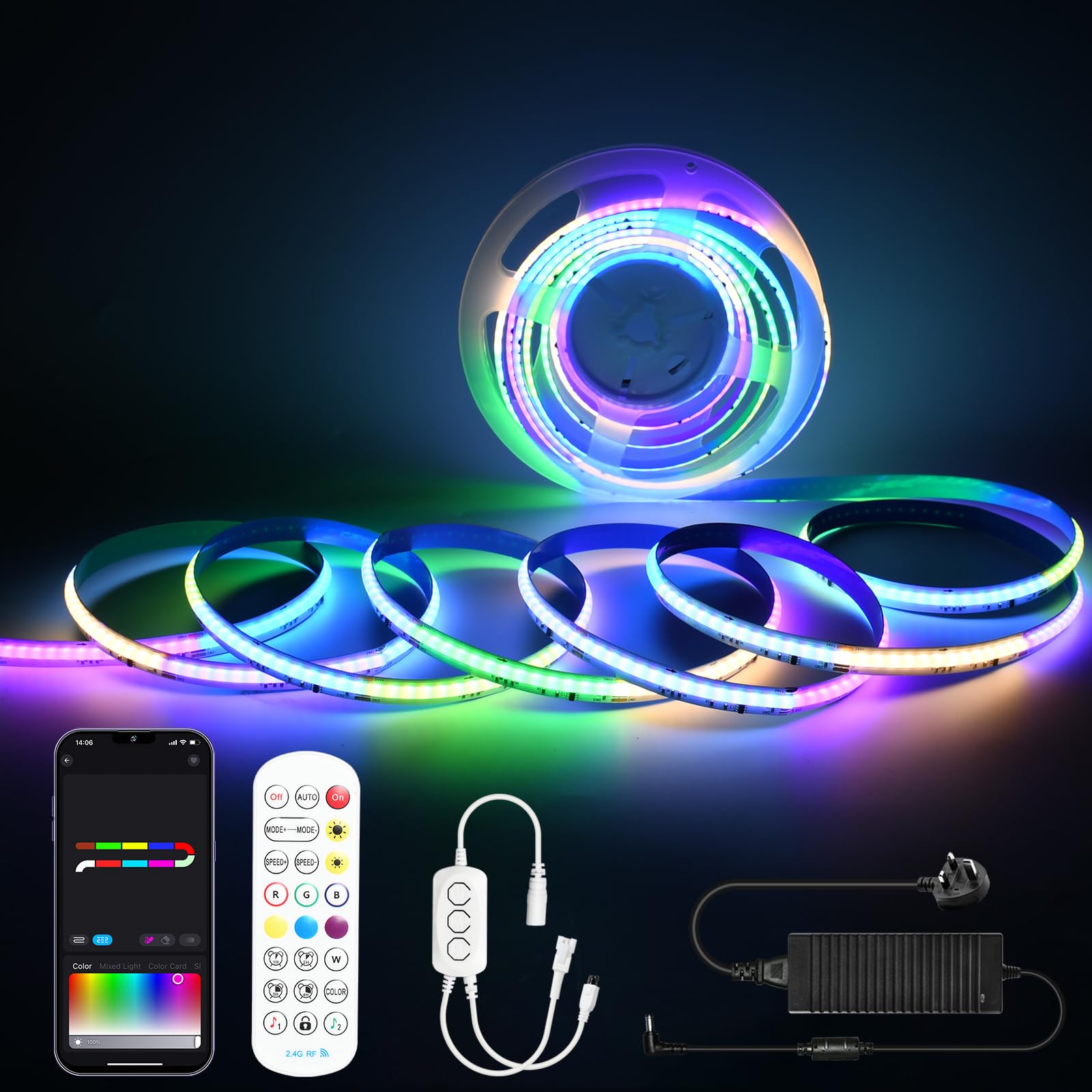 RGBWW COB LED Strip Light 5 M WiFi,784 LEDs/M RGB LED Strip Lights,Flexible led Strips 24V CRI 90+ PCB:10MM Smart IC Strip Lights for Kitchen,Bedroom,Home DIY Lighting,Work with Alexa/Google HOM
