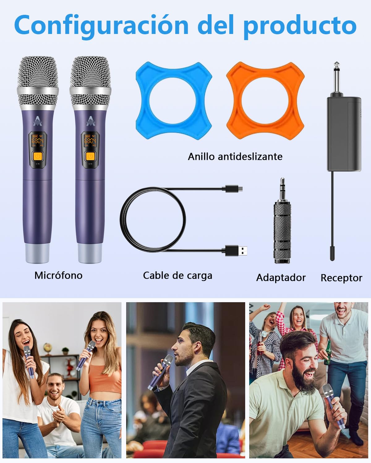 Micrófono inalámbrico, UHF Metal doble de mano inalámbrico sistema de micrófono dinámico con receptor recargable (40H Duración, 200 pies de alcance) para cantar, karaoke, iglesia, discurso, boda