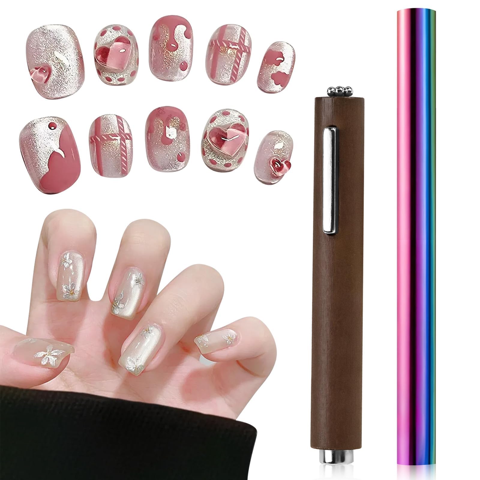 2Pcs Cat Eye Magnet for Nails Double-Ended Iridescent Cylindrical Magnet Pen 3-in-1 Brown Powerful Multifunctional Tool for Cat Eye Gel Nail Polish Wooden Handle for Home DIY Salon Studio
