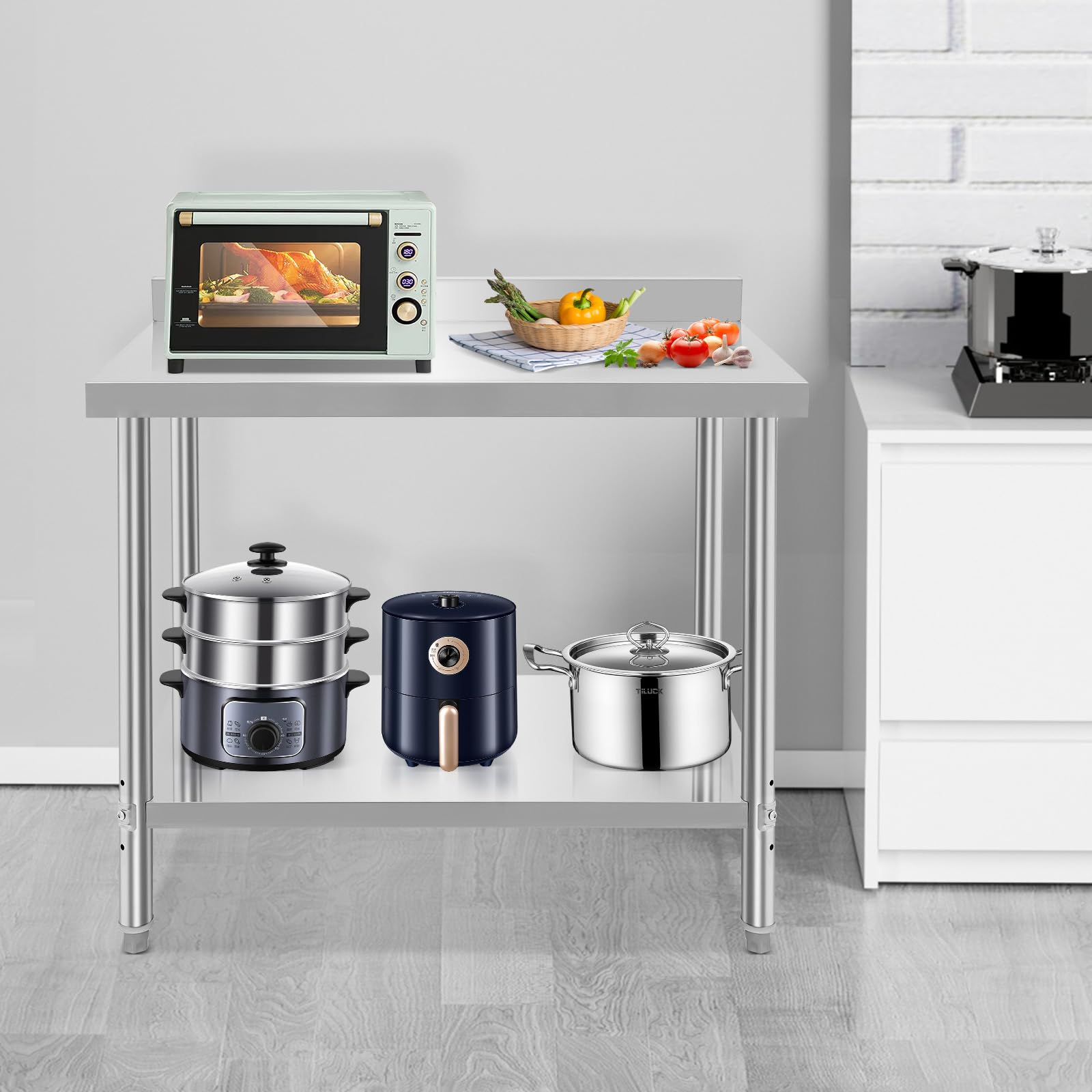 Tavolo da lavoro in acciaio inox a 2 ripiani, robusto con scomparto regolabile, portata 500 kg, per cucina, ristorante, bar e magazzino