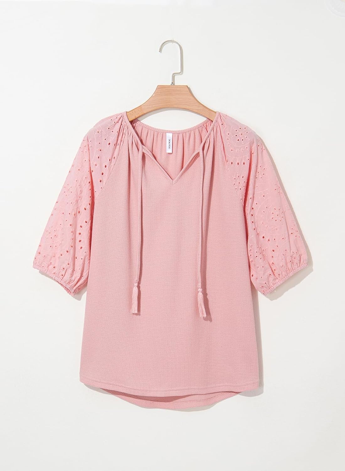 Dokotoo Women's Waffle Knit V Neck Tops Puff Sleeve Tunic Blouse Casual Summer Eyelet Shirts - Image 8