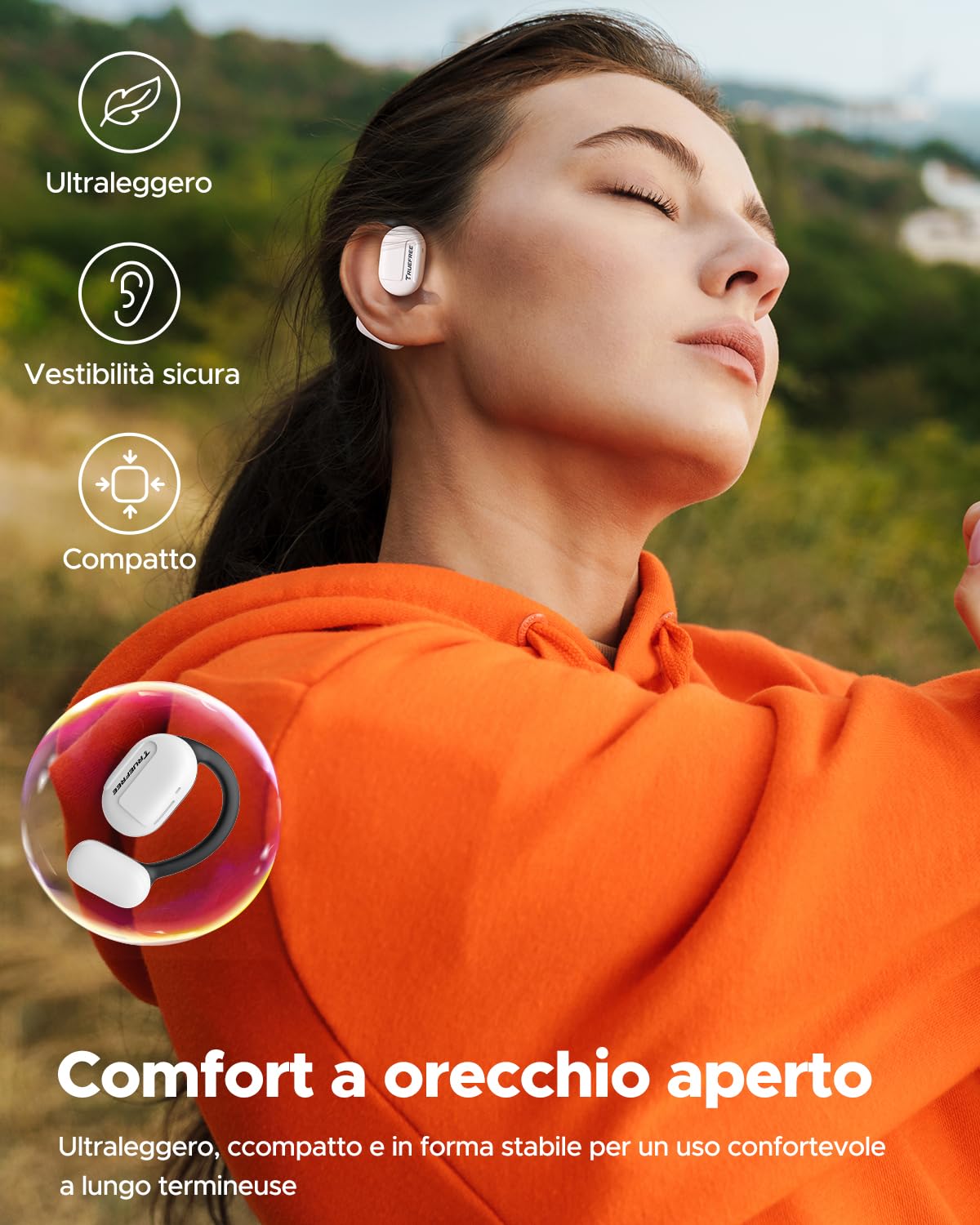 truefree O1 Cuffie auricolari aperte Bluetooth 5.3 wireless con driver da 16,2 mm, suono stereo coinvolgente, microfono a cancellazione di rumore per chiamate chiare, autonomia di 45 ore, per lo sport