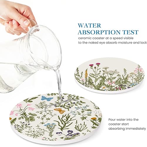 Miniatura 4 de Juego de 6 posavasos de flores de cardo verde salvia para bebidas, posavasos de cerámica absorbente con soporte de metal y base de corcho para café,