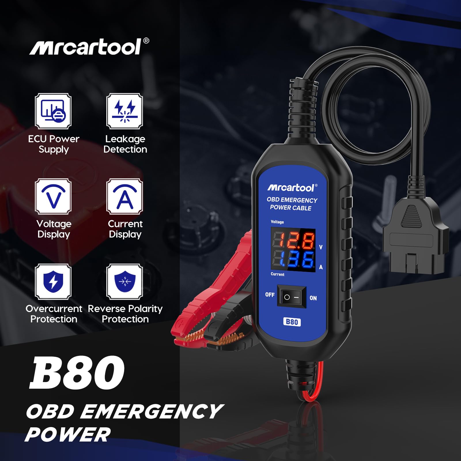 MRCARTOOL OBDII Zasilanie awaryjne do ochrony jednostki sterującej pojazdu (ECU), wyświetlanie napięcia i prądu, wielokrotna ochrona, odpowiednie do wymiany akumulatorów samochodowych