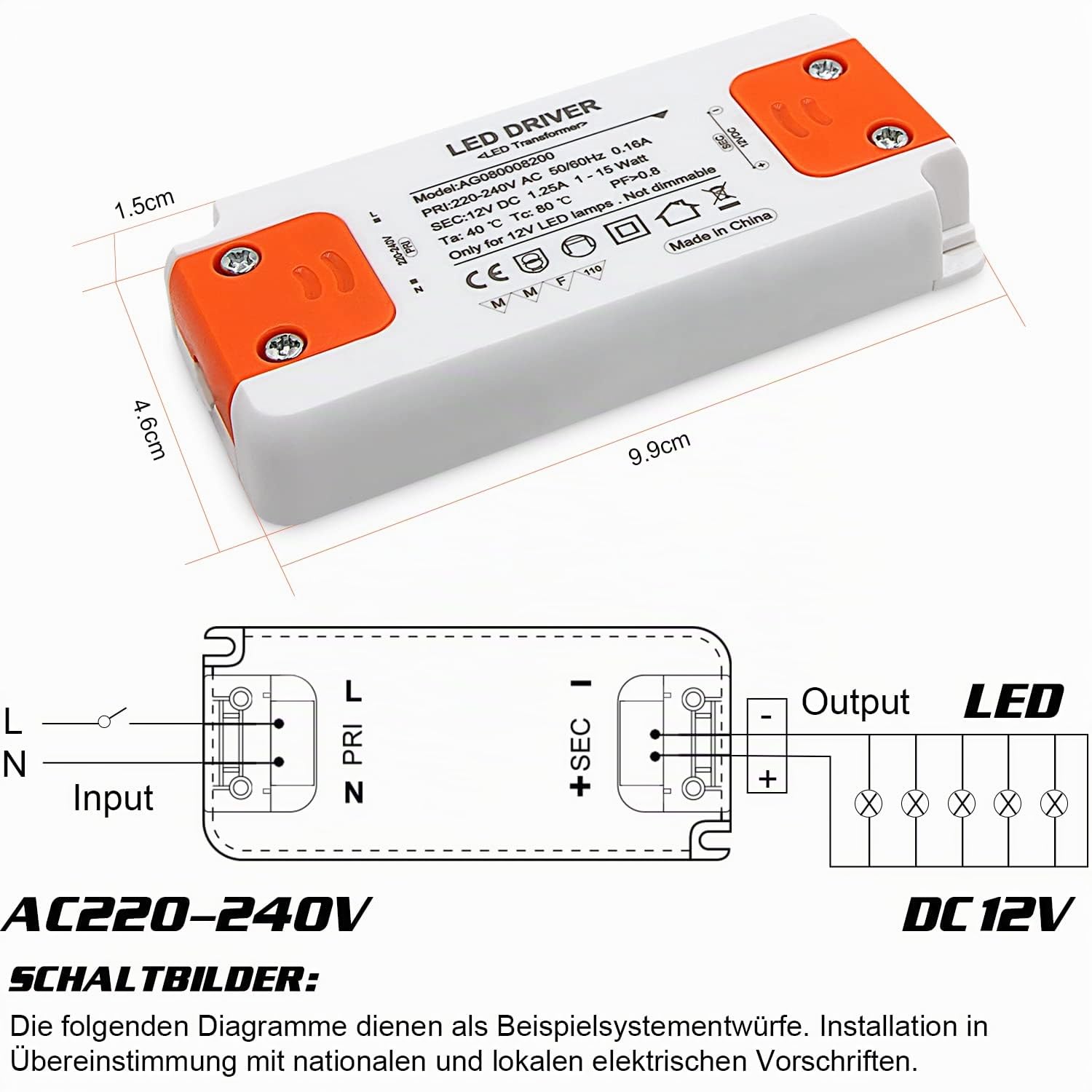 Transformador DC 12V 15W LED drive luz fuente transformador controlador de iluminación, entrada: 220-240V, salida: DC 12V 1.25A, Paquete de 4