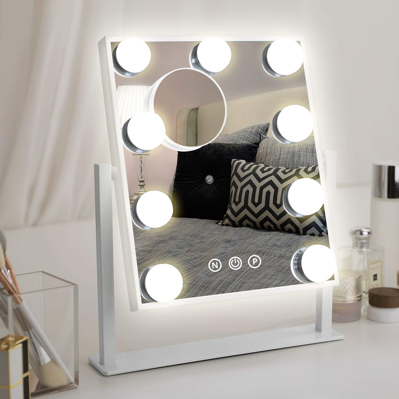 Lighted Vanity Makeup Mirror with Lights - Fabuday Hollywood Cosmetic Mirror with 9 Dimmable LED Bulbs for Dressing Room Tabletop, 3 Color Lighting, Detachable 10X Magnification Mirror, White