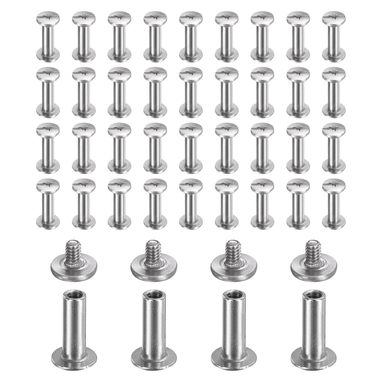 sourcing map 40set Chicago Screw M2x10mm 5mm Length Metal Phillips Nail Rivet Stud Bolts Rivets Binding Post Screw for DIY Leather Belt Bag Craft Bookbinding, Silver