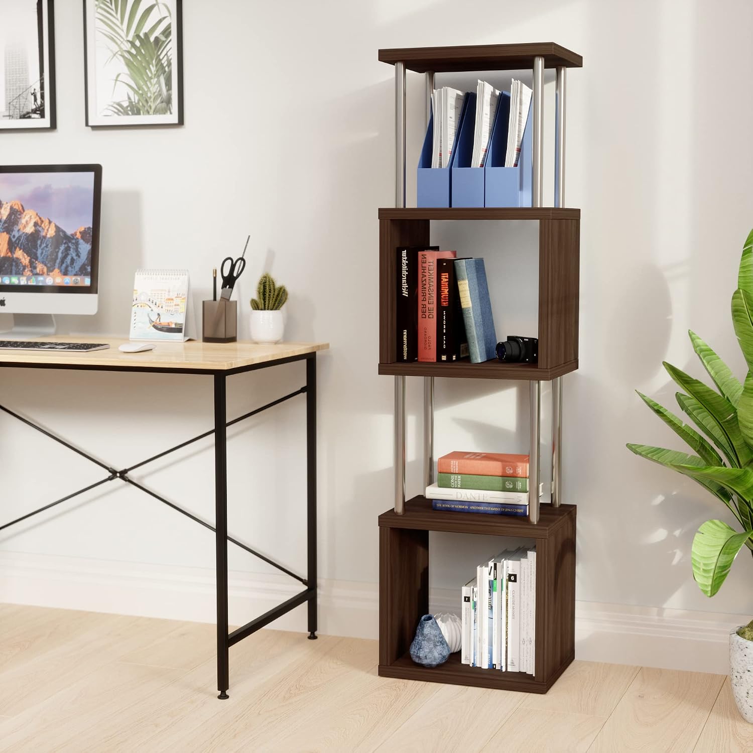 Bestier 5-Tier Geometric Bookcase, Bookcases Storage Shelves, Modern Ladder Bookshelf Organizer Shelving Unit, Display Rack with Stable Steel Frame, for Living Room Bedroom Home Office, Walnut