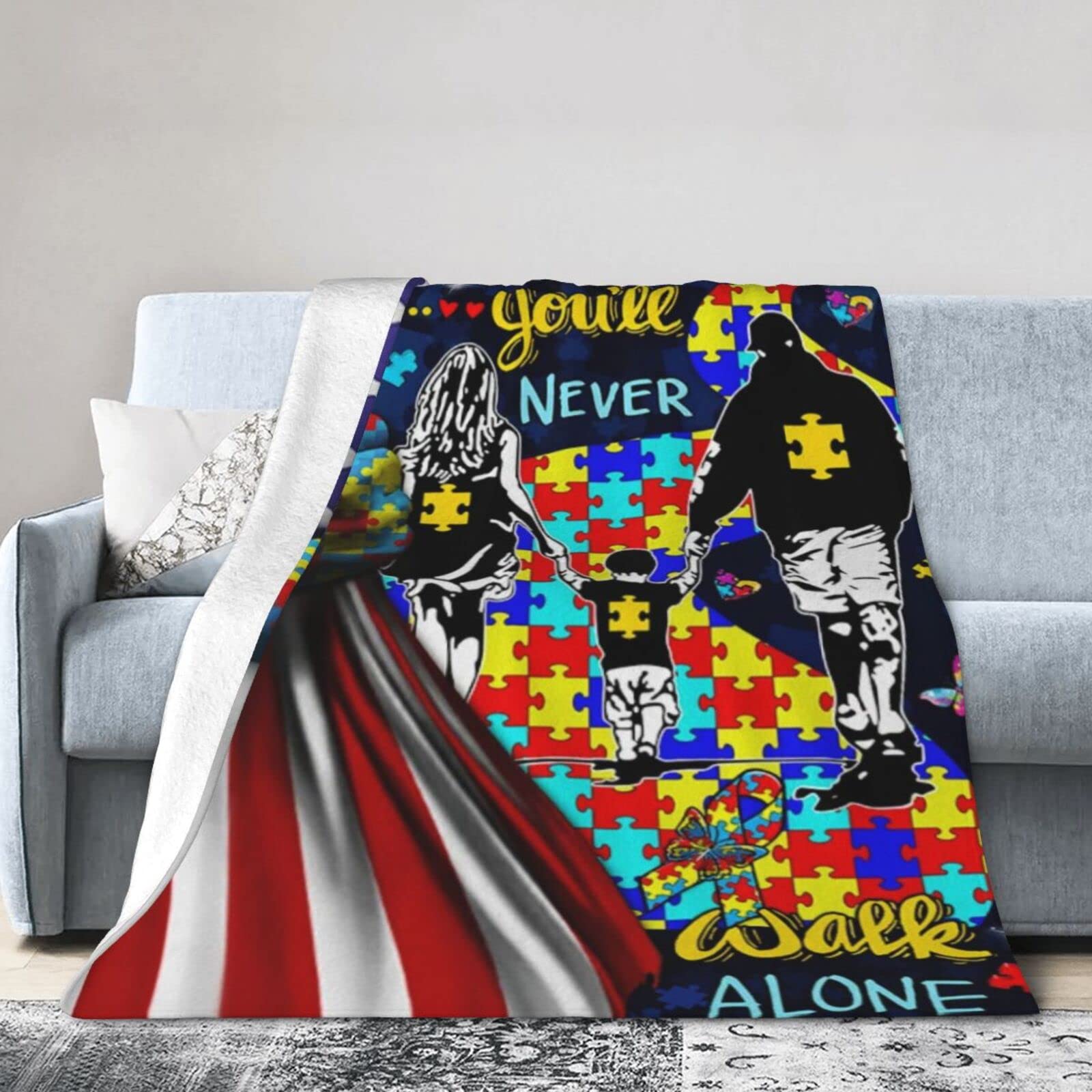 Lsjuee Christmas Flannel Fleece Blanket 40"X30" You‘ll Never Walk Alone. Autism Awareness Sofa Throw Blanket Lightweight Ultra-Soft Travel Winter Blankets for Adult Keep Warm