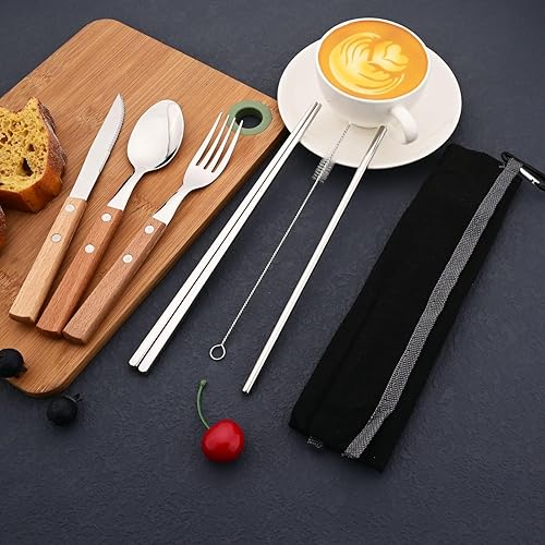 Miniatura 5 de JASHII Juego de cubiertos reutilizables de viaje, juego de cubiertos de acero inoxidable 304 con mango de madera, palillos y pajitas con bolsa negra.
