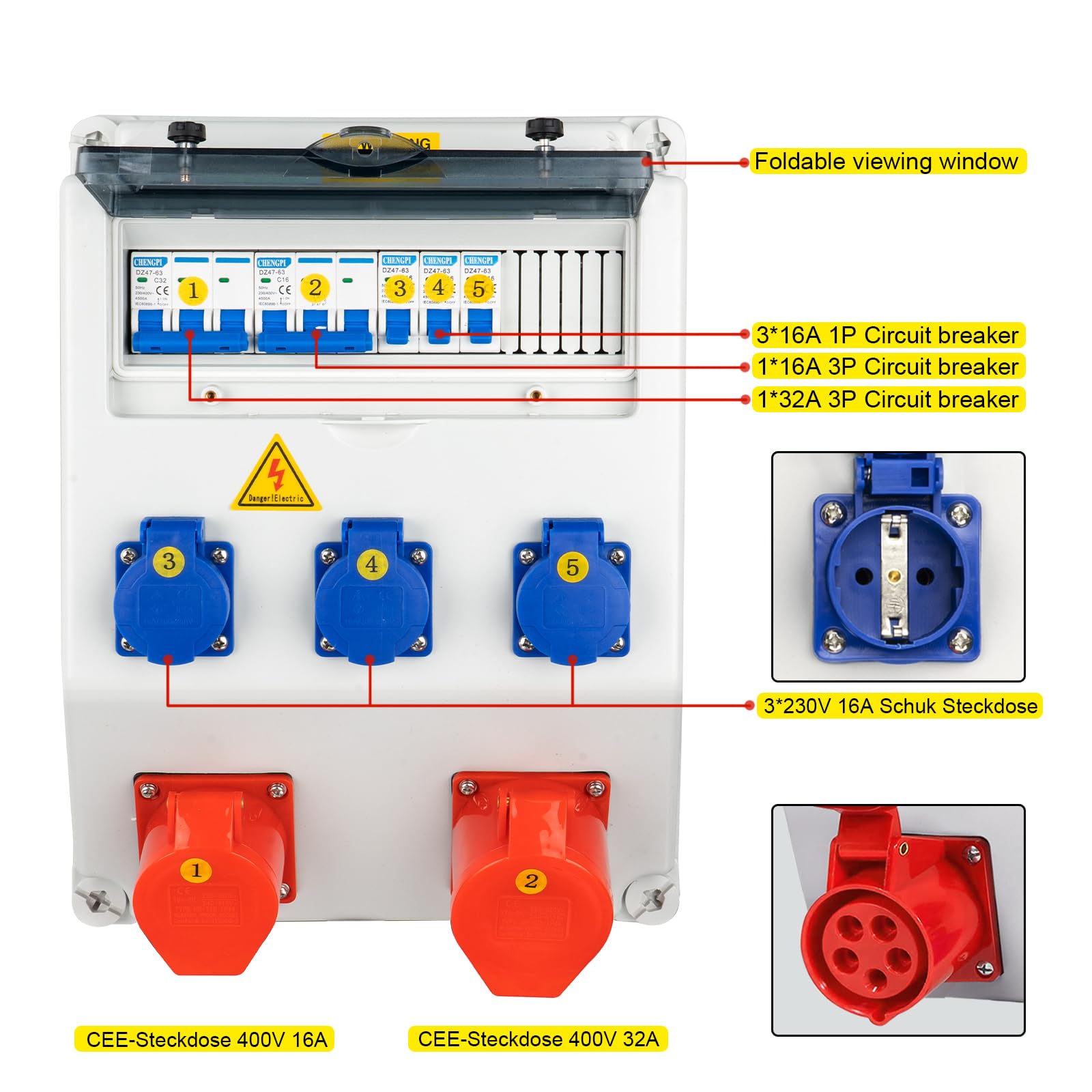 Coffret Électrique de Chantier,Répartiteur Mural,Distributeur de Courant Électrique avec Disjoncteur,5P CEE Prise et Schuko Prise,Distributeur de Puissance Consommée pour Ateliers et Usines