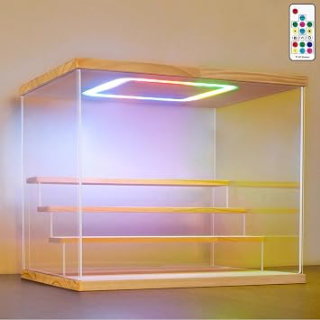 NONEMEY Clear Acrylic Display Case Stand with LED RGB Light 2/3/4/5/6 Tier Storage Box Showcase Dustproof Organizer Box for Collectibles Wood 4Tier 12.4x9.6x10.4inch,31.5x24.5x26.5cm
