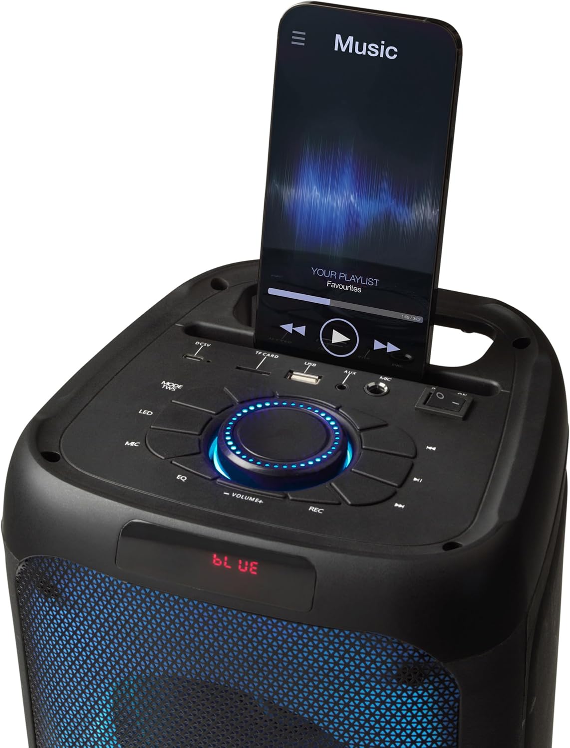 Intempo LED Blaze Speaker with a smartphone in its stand