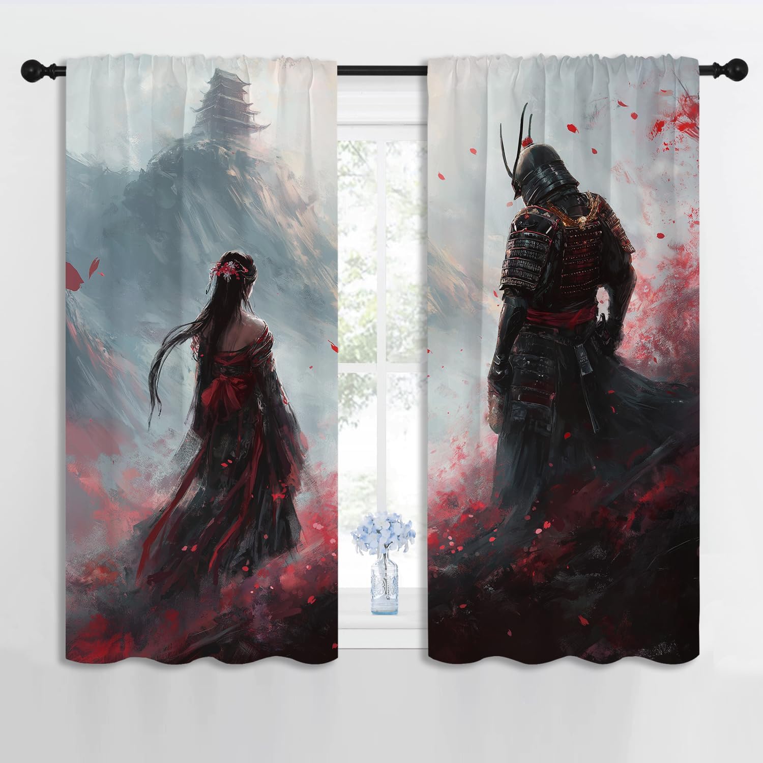 Japanese Samurai Boy Girls Blackout Curtains,Asian Geisha Girl with Cherry Blossoms, 2 Panel Rod Pocket Thermal Insulated Drapes for Bedroom, Living, Kids Room Deco 42x45 inch