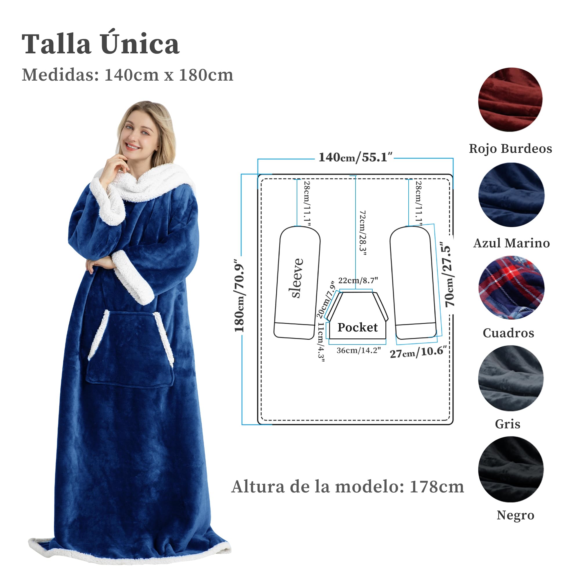 Winthome Manta con Mangas Gruesa, Batamanta Doble con Bolsillo, Plaid Sofa Hombre Mujer, Bata Blanket Polar Suave y Caliente, Regalos, Ahorrar Costes de Calefacción (Azul Oscuro, 140x180cm)