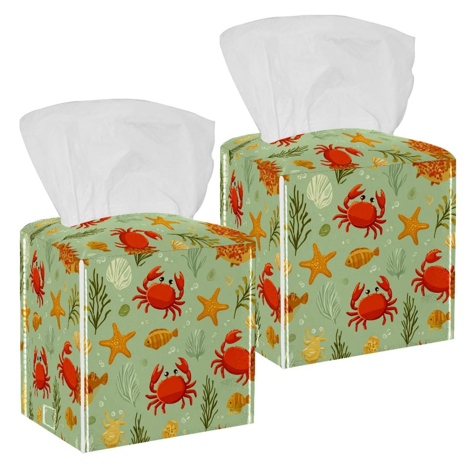 Cute Crab Tissue Box Cover, 2 Pack PU Leather Square Facial Tissue Dispenser Box holder for Home Office Car
