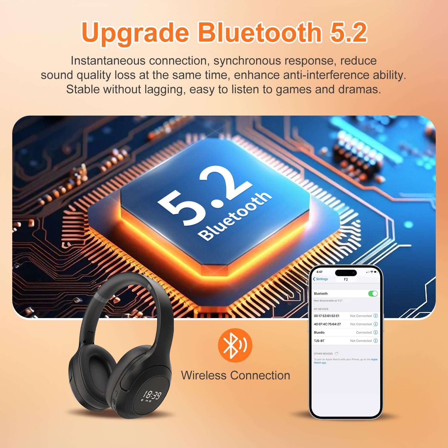 F2 FM Radio headphones wireless Bluetooth 5.2 with Built-in Microphone, Portable Headset Radio Receiver, Wired/Wireless Over Ear Headphone, Soft Ear Muffs, Stereo Sound, for Work/Travel/Moving/Jogging - Image 6