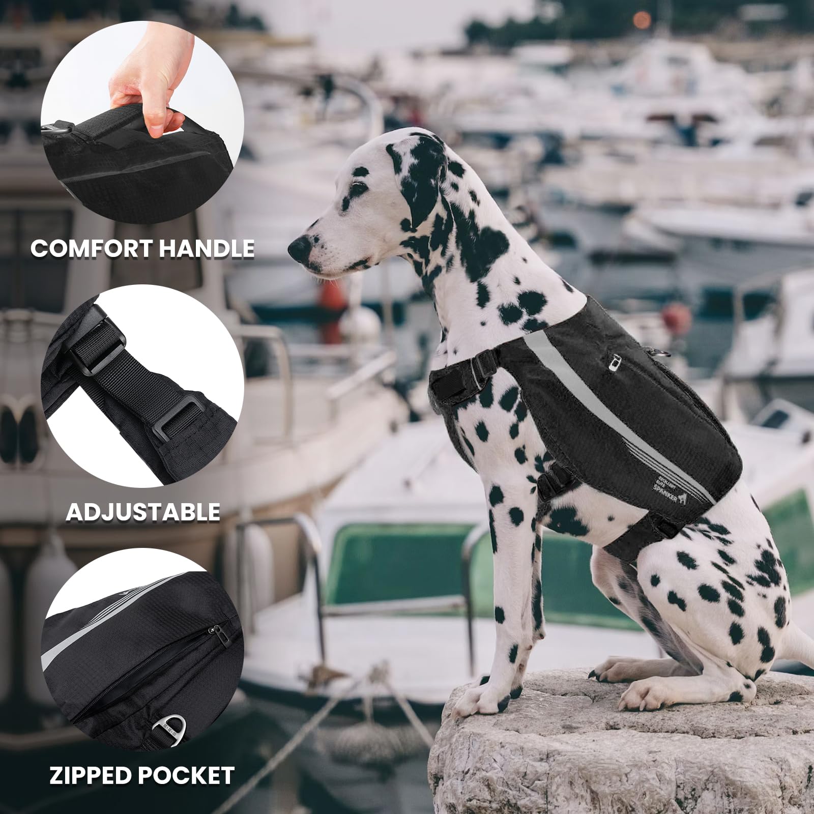 EXCELLENT ELITE SPANKER Mochila reflectante en forma de Y con bolsillos con asa, sin tirones, anillos en D, equipo ligero de senderismo para perros, caza, camping, viajes (negro)