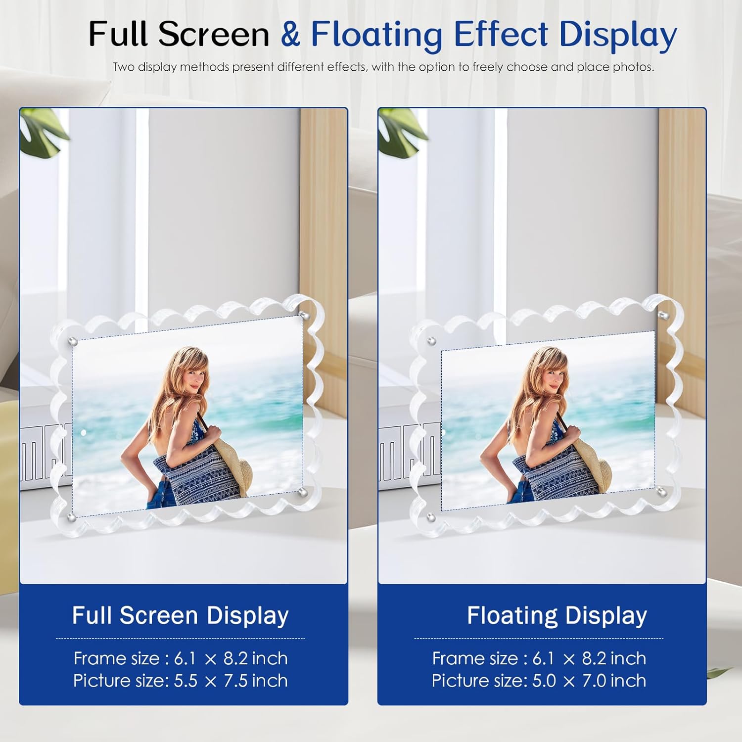 2Pack Acrylic Magnetic Photo Frame 5x7 Inch - Sleek Scalloped Design, 10 10mm Thick Crystal Clear Block, Freestanding Double-Sided Magnet |Trendy Home Gift (2 Pack, 5X7)