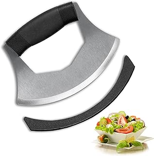 Mezzaluna Knife Salad Chopper, Stainless Steel Blade with Protective Cover - Ergonomic Anti-Slip Handle Vegetable Chopper Mincing Knife for Pizza, Cheese, Onion, Carrot, Pepper, Garlic, Vegetable
