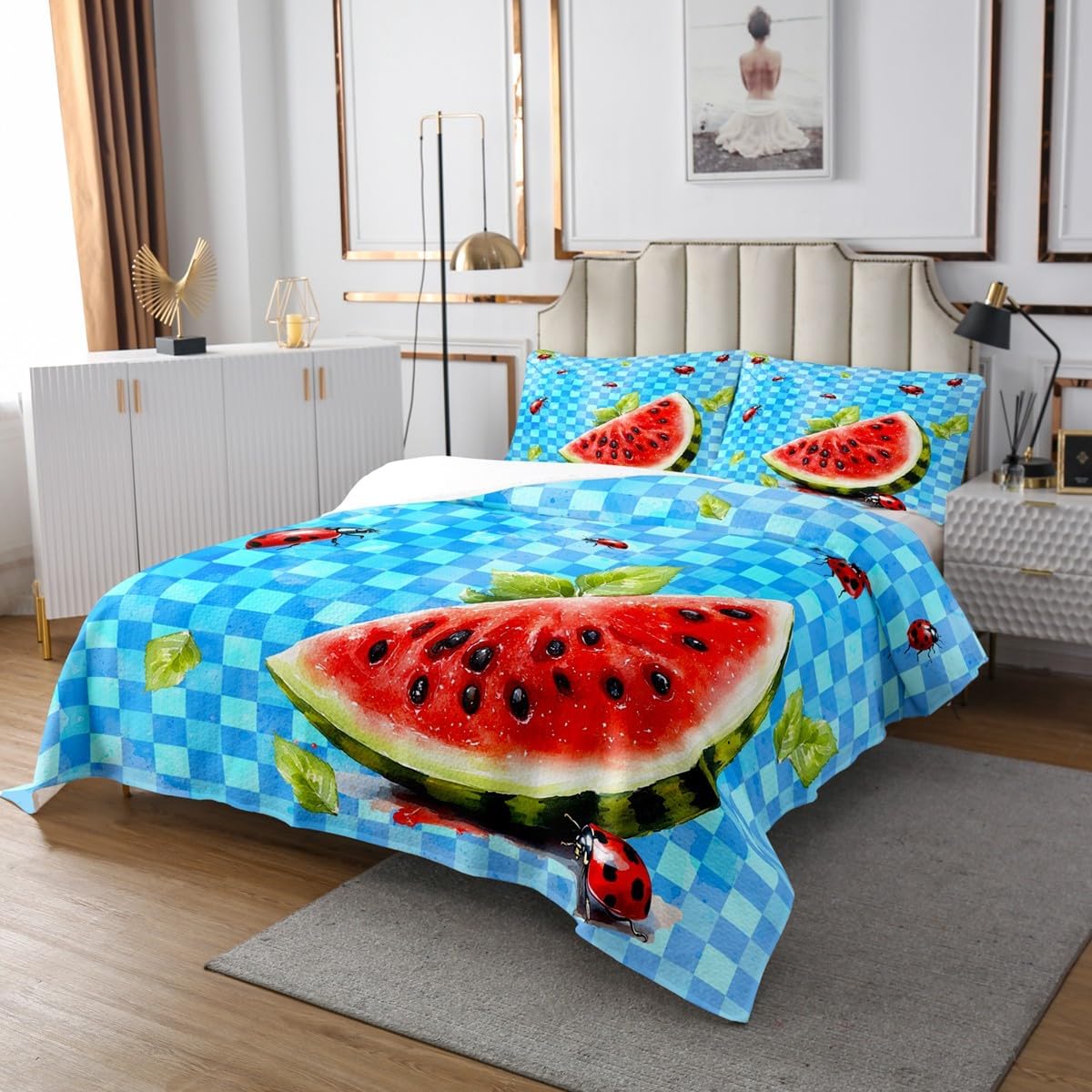 Homewish Watermelon Bedspread Twin Size,Ladybugs Summer Fruits Bedding Set for Kids Girls Boys Room Decor,Cool Tropical Holiday Theme Coverlet Set 2Pcs,Blue Plaid Wild Animal Quilt,1 Pillowcase