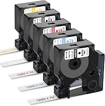 5 x Compatible with Dymo D1 Label Tape Transaprent 12 mm x 7 m Compatible with Dymo LabelManager 160 LM280 360 420P, 45010 45011 45012 45020 45025, Black/Blue/Red/White/Gold