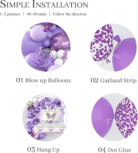 Miniatura 7 de Pateeha Decoraciones de cumpleaños de mariposa para niñas de 8 a 10 pies, kit de arco de guirnalda de globos morados con telón de fondo de mariposa,