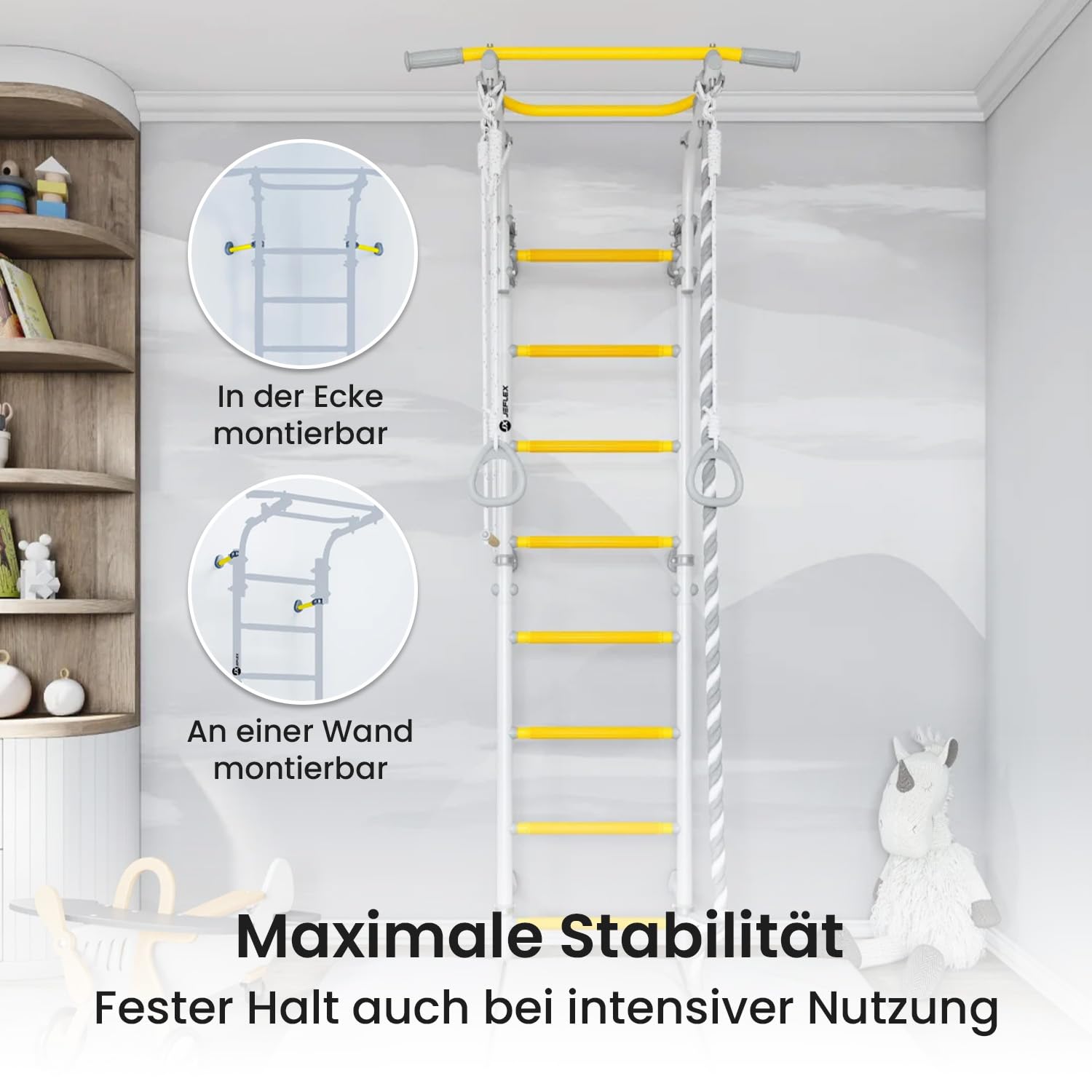 JEFLEX - weiß/gelbe Kinder Sprossenwand mit Verstellbarer Klimmzugstange/Robuste Fitness-Station fürs Kinderzimmer/Einfache & vielseitige Montage/inkl. tollem Kletterwand-Zubehör