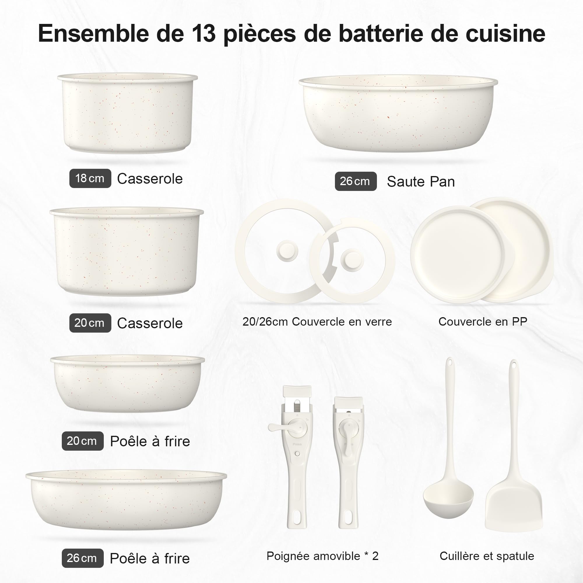Batterie de Cuisine - Cookware Poêles et Casseroles Antiadhésives en Céramique Induction Tous Feux Lot de 13 Pièces, Poêle 20/26 CM, Sauteuse 26 CM, Casserole 18/20 CM avec Poignée Amovible Zyronem