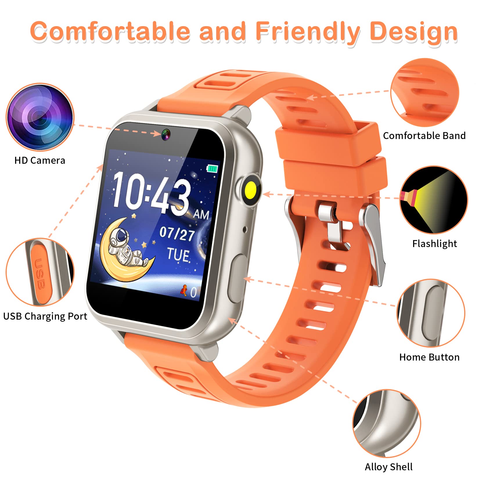Smart Watch per bambini, orologio intelligente per bambini, con 24 giochi di puzzle, fotocamera, registratore, musica, allarme, calcolatrice, calendario, torcia, contapassi, regalo di compleanno, per