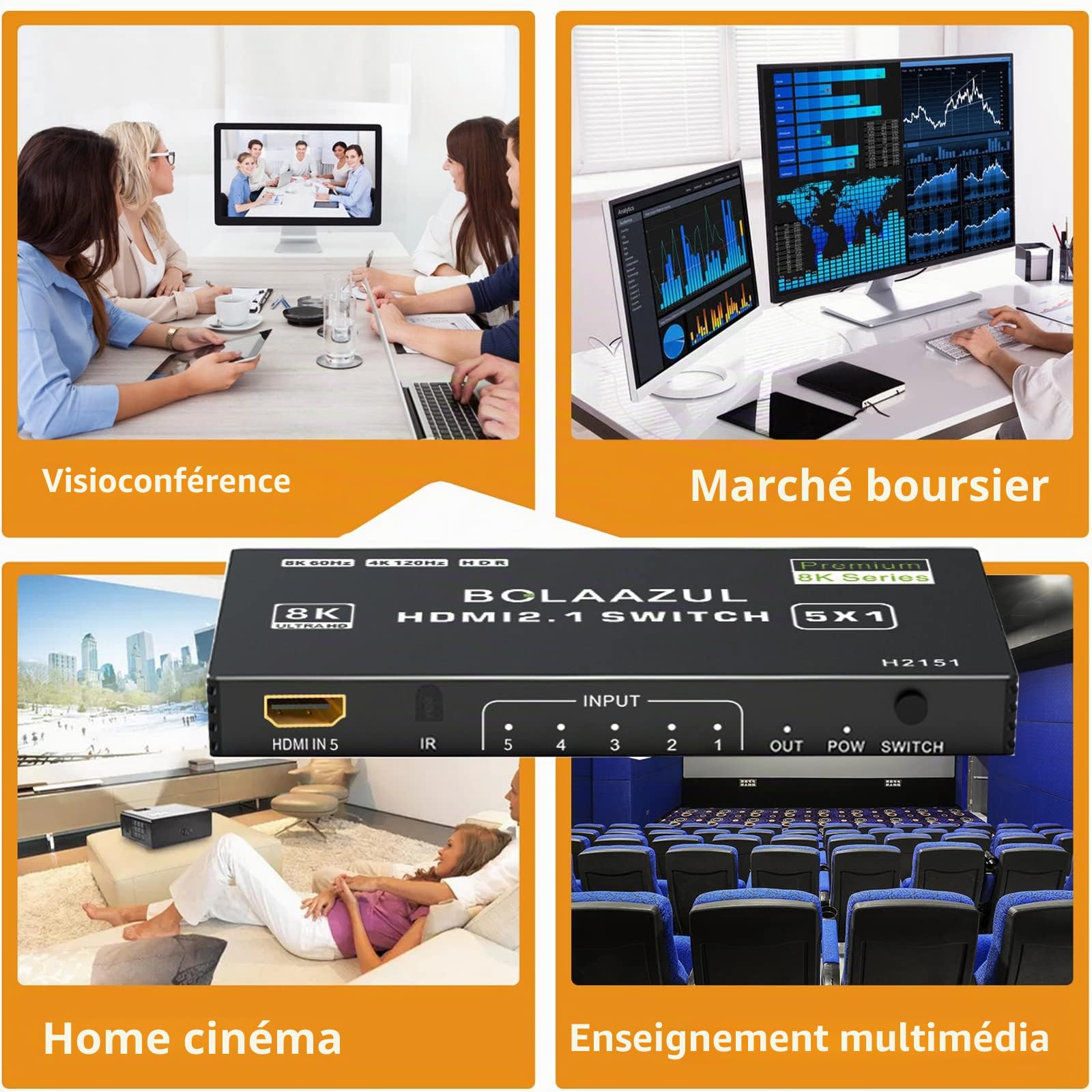 BolAAzuL Switch HDMI 4K 120Hz 5 Entrées 1 Sortie Commutateur HDMI 2.1 5x1 8K 60Hz/2K 144Hz Multiprise Multi Switcher avec IR Télécommande, Multi-Ports Switch Hub HDM I HDR, pour TV/Xbox Series X/PS5