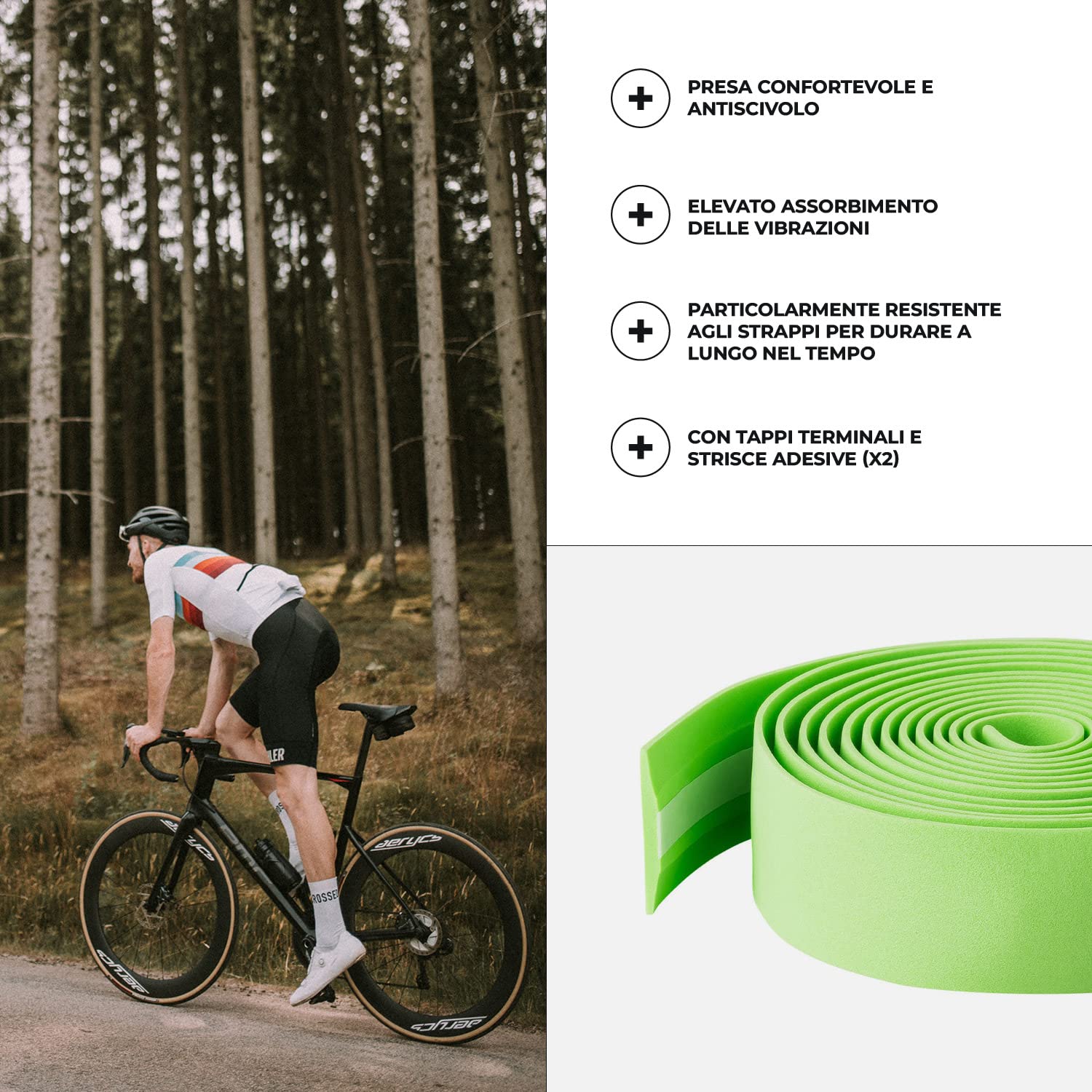 URBAN ZWEIRAD Resistente Nastro per Il Manubrio della Bici - Verde - Inclusi Tappi di Chiusura e Strisce adesive - Super Antiscivolo e Facile da Applicare - 200cm x 3cm (Verde)