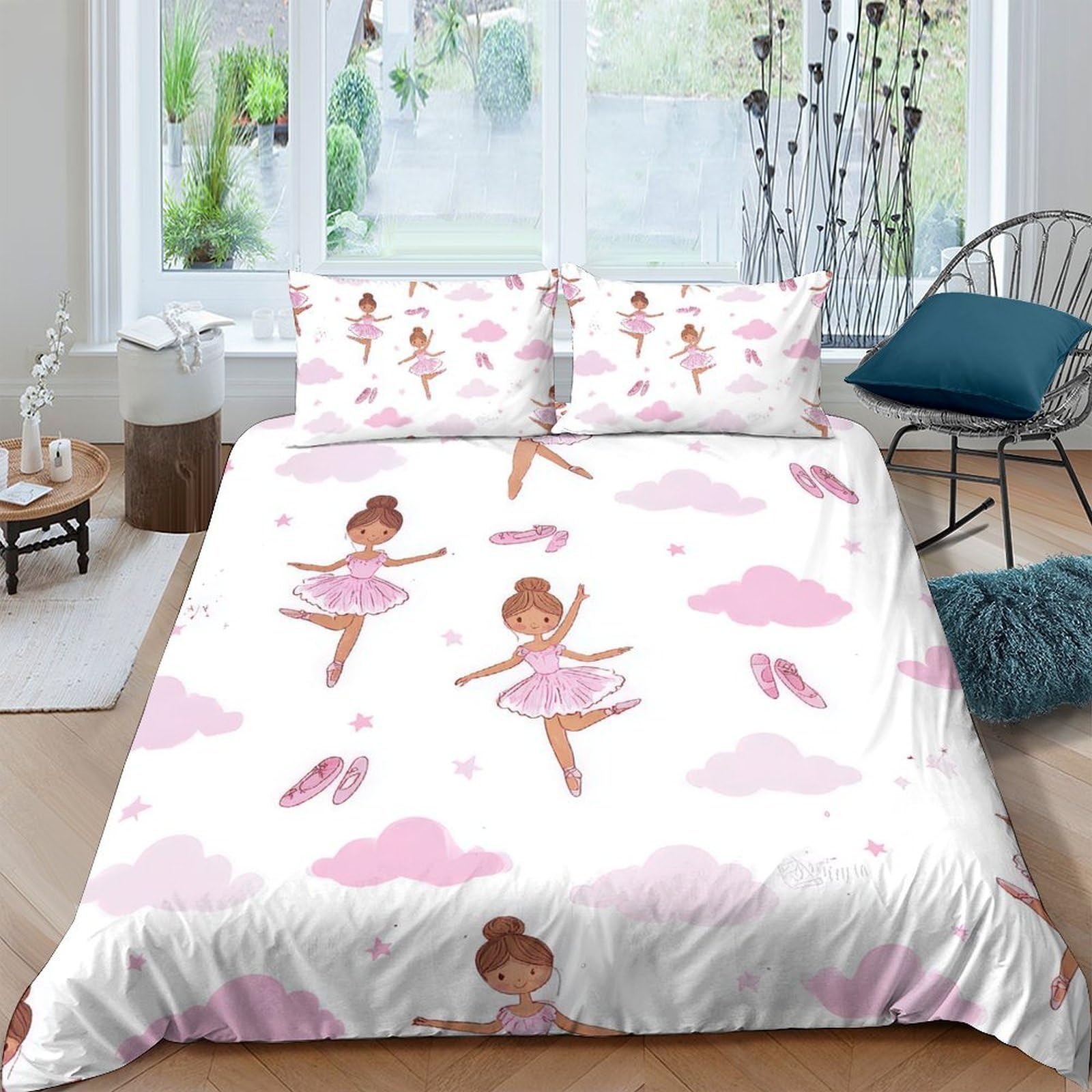 GPLZQXKJNH 3D Printed Ballerina Pink Clouds Duvet Cover Microfiber Soft Bedding Set with 2 Pillowcases for Bedroom Decor Single（135x200cm）