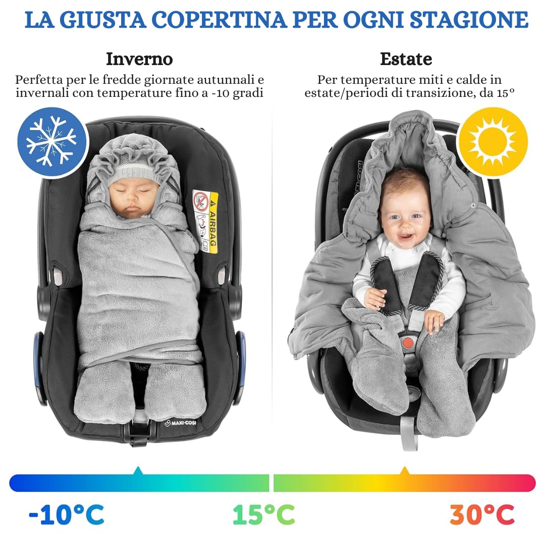 Zamboo Copertina Neonato Copripiedi, Primavera/Estate - Coperta Ovetto Neonato Gruppo 0 (Maxi-Cosi, Cybex, Römer) e Passeggini - Con Borsa - Grigio