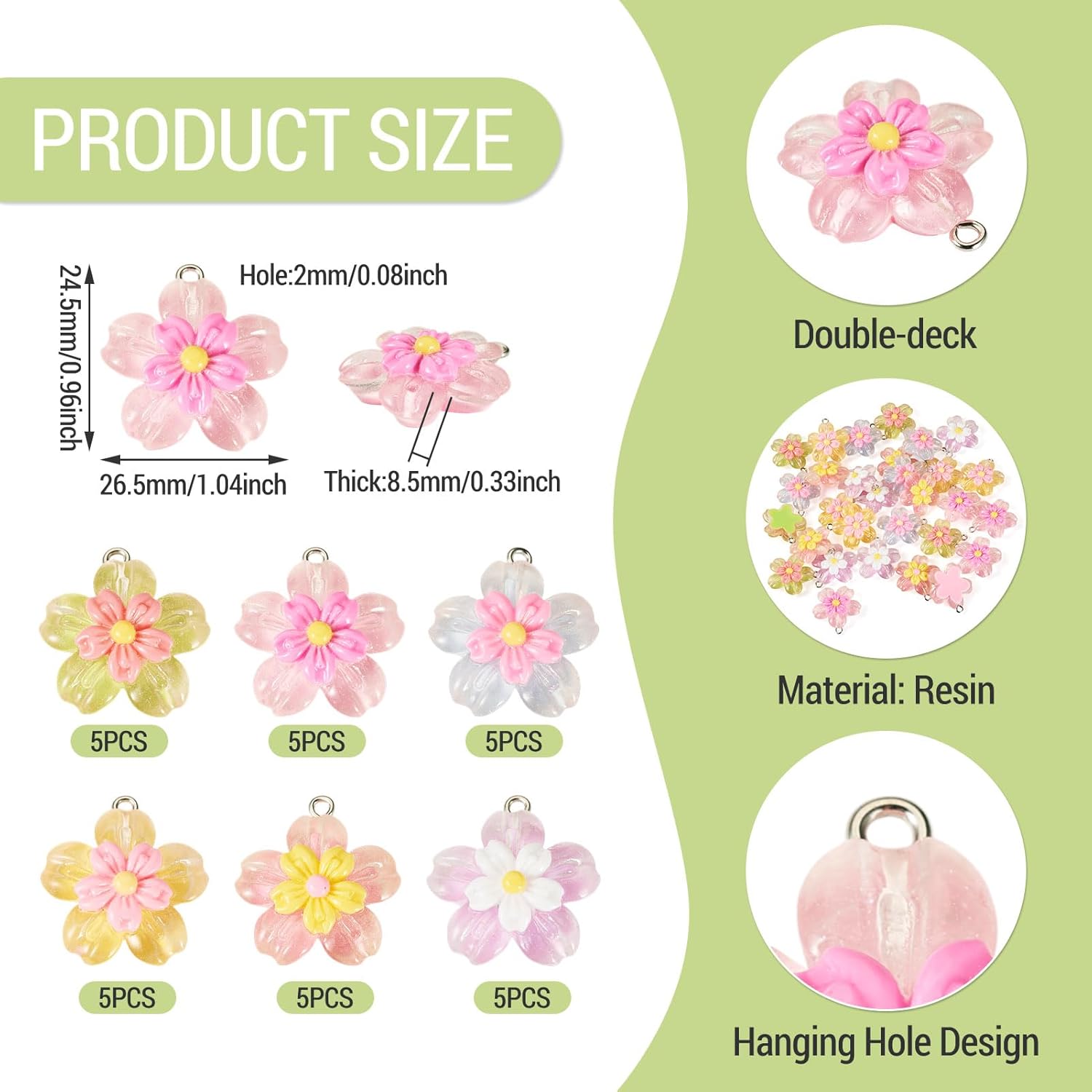 Beadthoven 30Pcs Flower Charms for Jewelry Making 3D Resin Flower Pendants Assorted Color Cute Cherry Blossom Transparent Colorful Floral Charms with Loop for DIY Earrings Necklace Keychain Accessory - Image 2